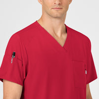 W123 Men's V-Neck Scrub Top Red front detail