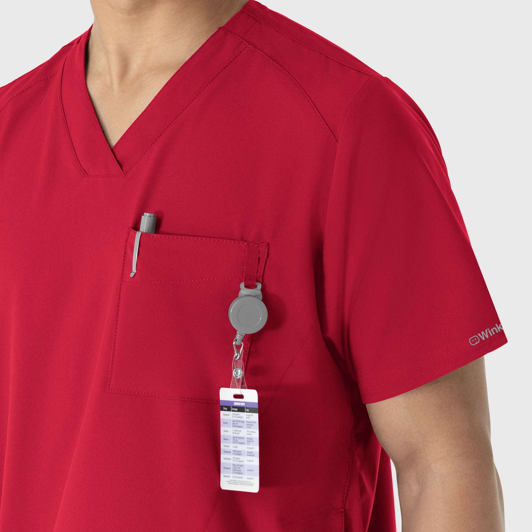 W123 Men's V-Neck Scrub Top Red side detail 2