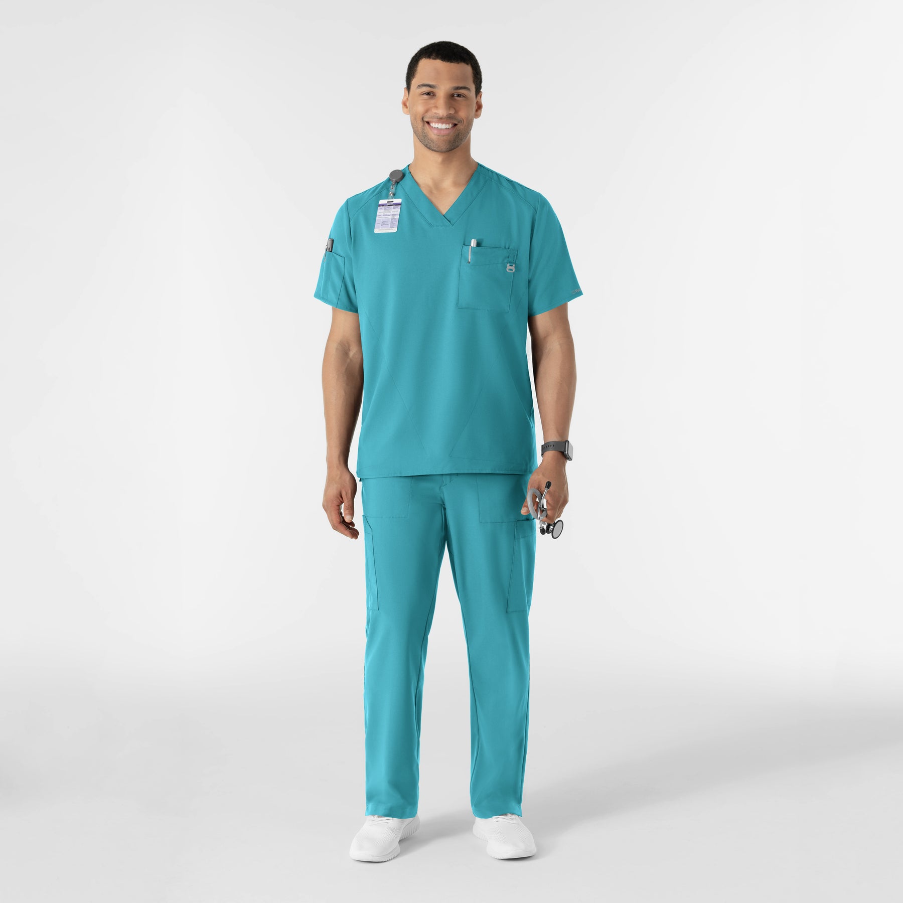 W123 Men's V-Neck Scrub Top Teal Blue full scrub set
