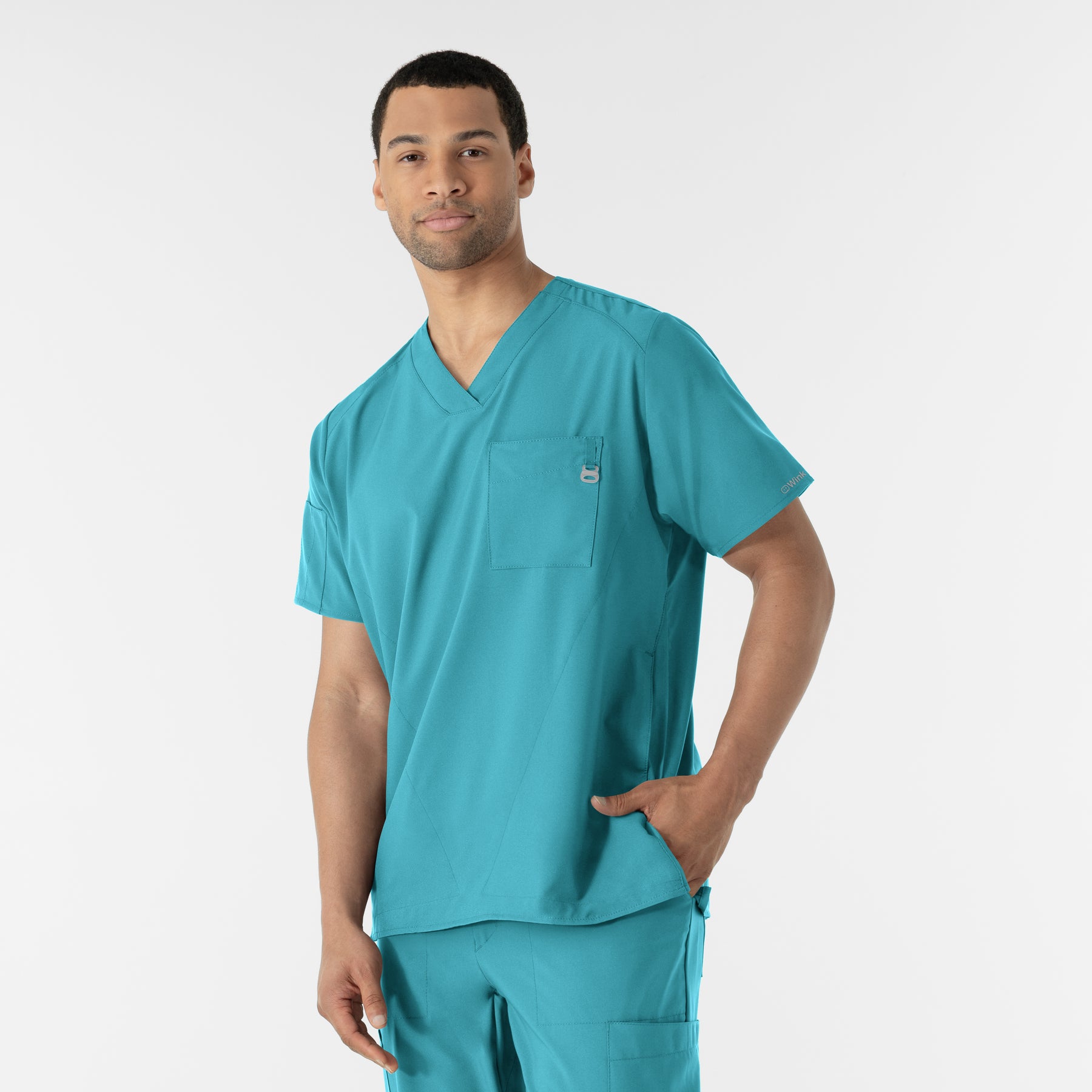 W123 Men's V-Neck Scrub Top Teal Blue side view