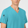 W123 Men's V-Neck Scrub Top Teal Blue front detail