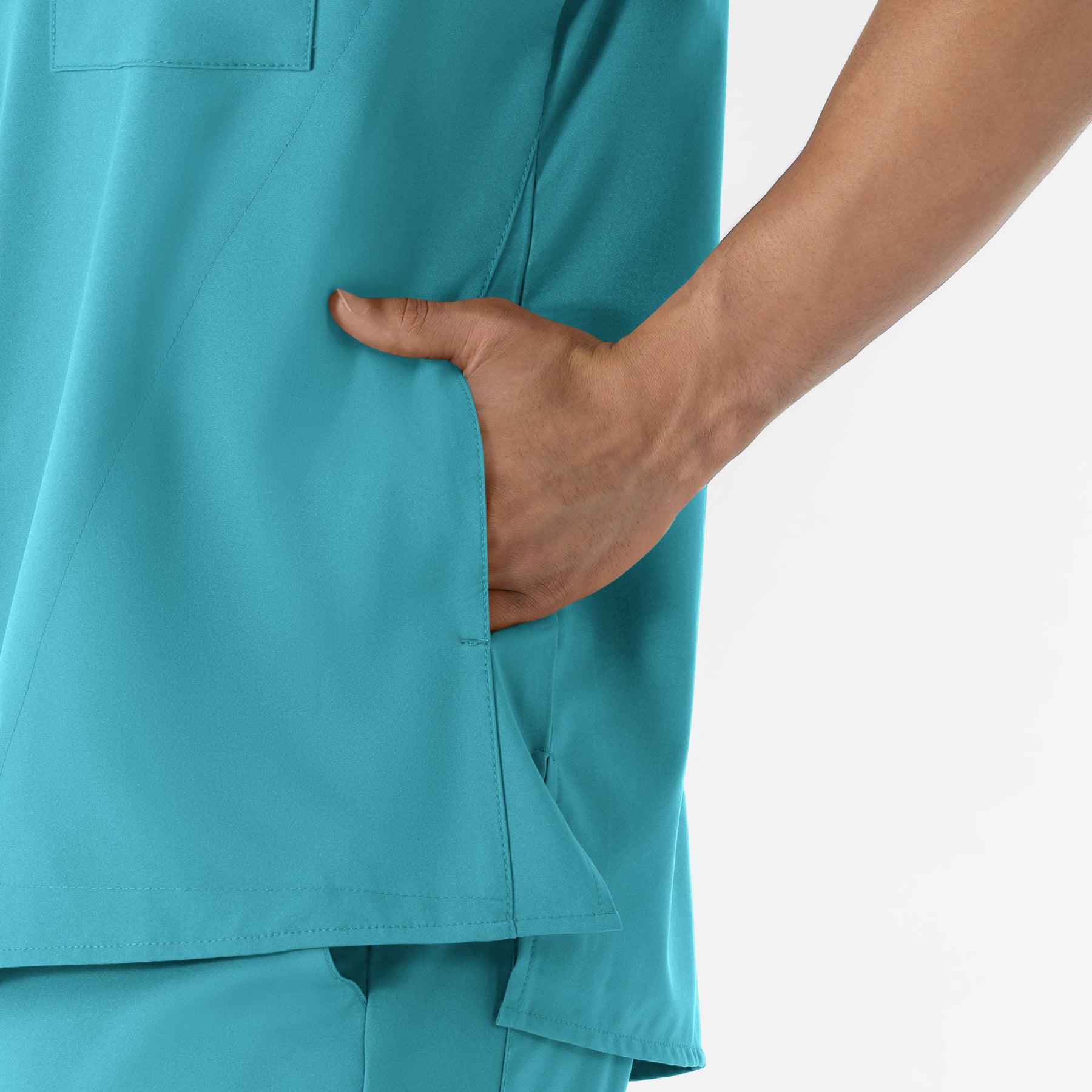 W123 Men's V-Neck Scrub Top Teal Blue front detail