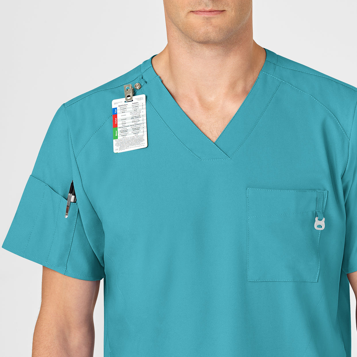 W123 Men's V-Neck Scrub Top Teal Blue side detail 1