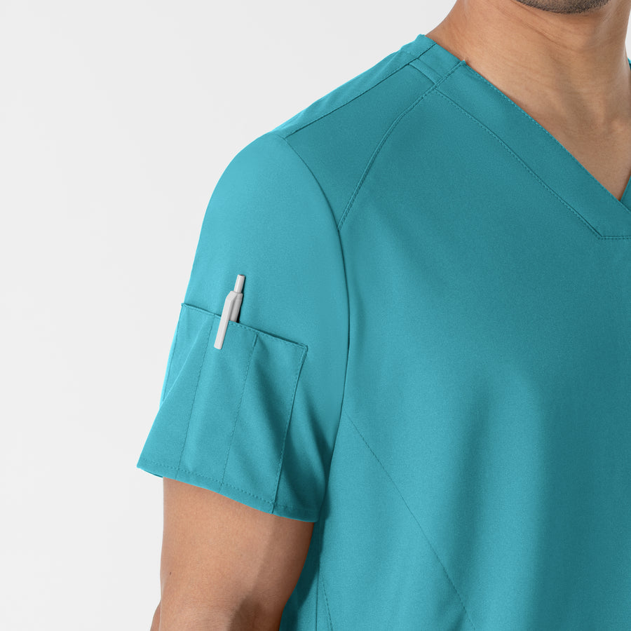 W123 Men's V-Neck Scrub Top Teal Blue hemline detail