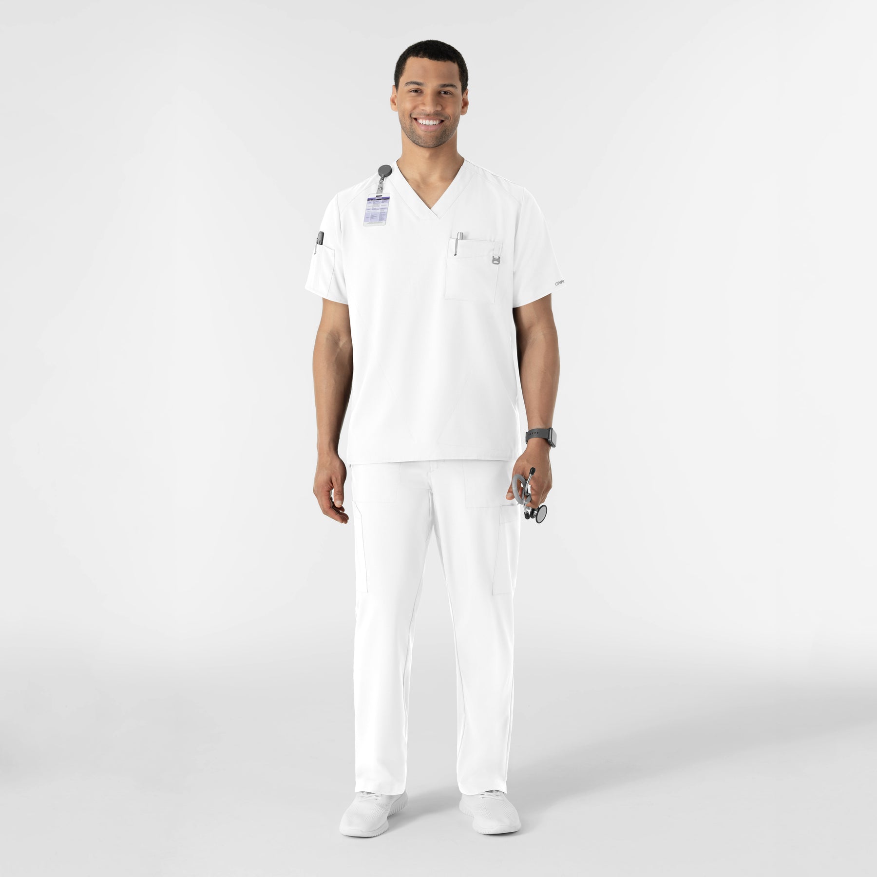 W123 Men's V-Neck Scrub Top White full scrub set