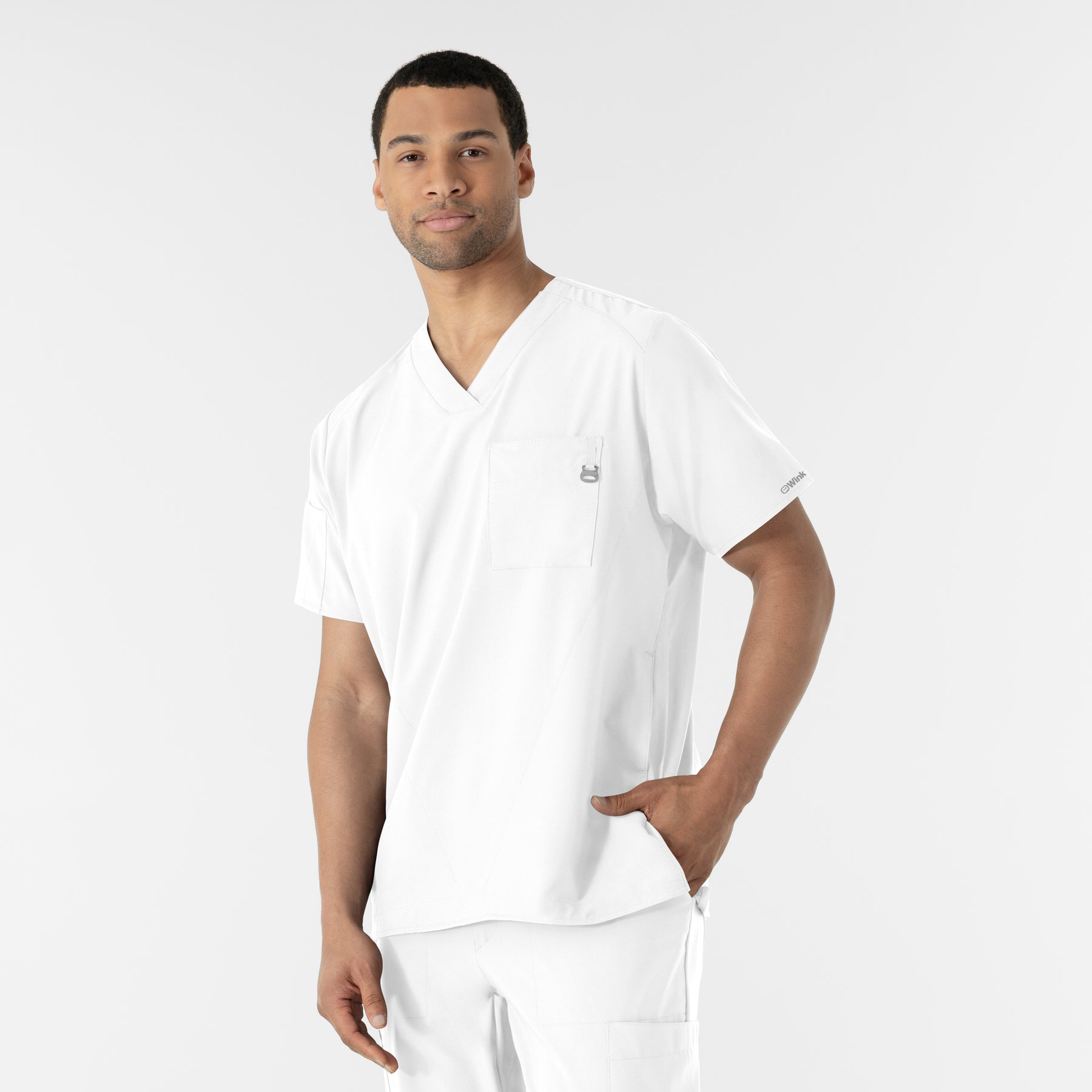 W123 Men's V-Neck Scrub Top White side view