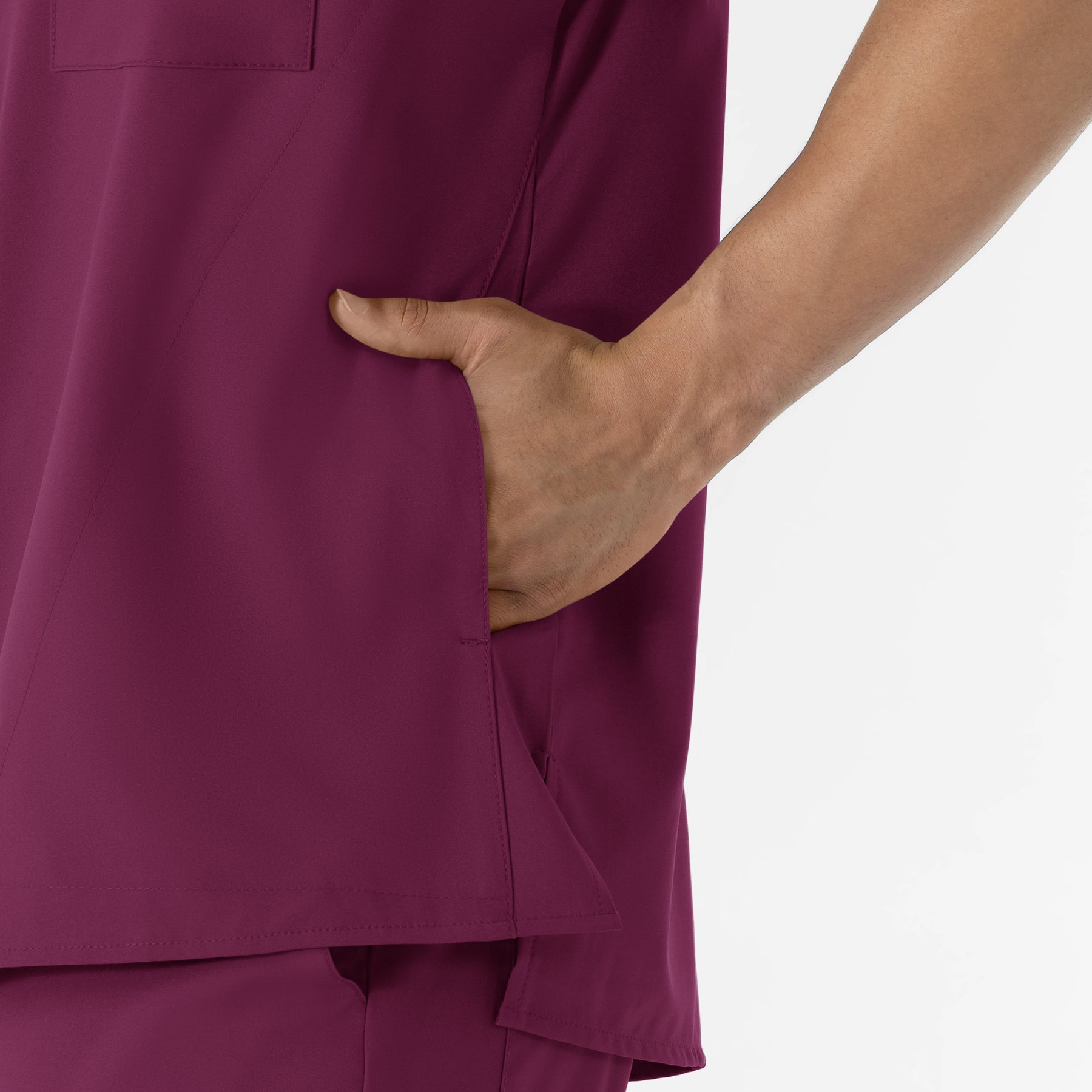 W123 Men's V-Neck Scrub Top Wine front detail