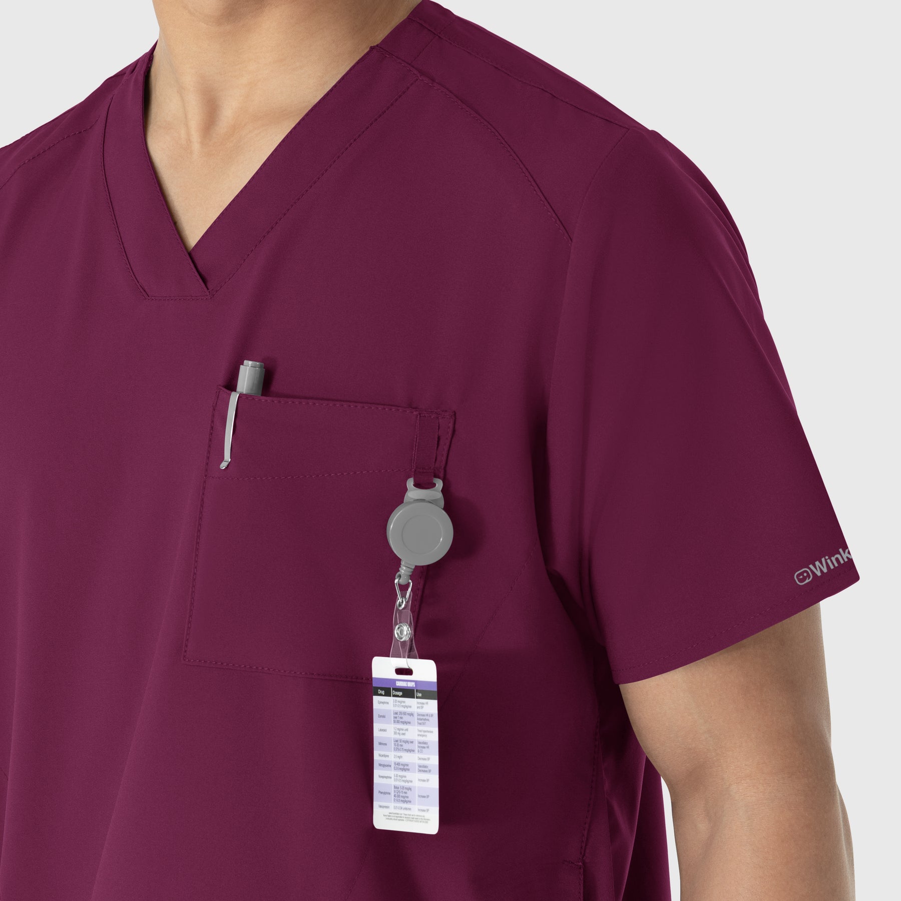W123 Men's V-Neck Scrub Top Wine side detail 2