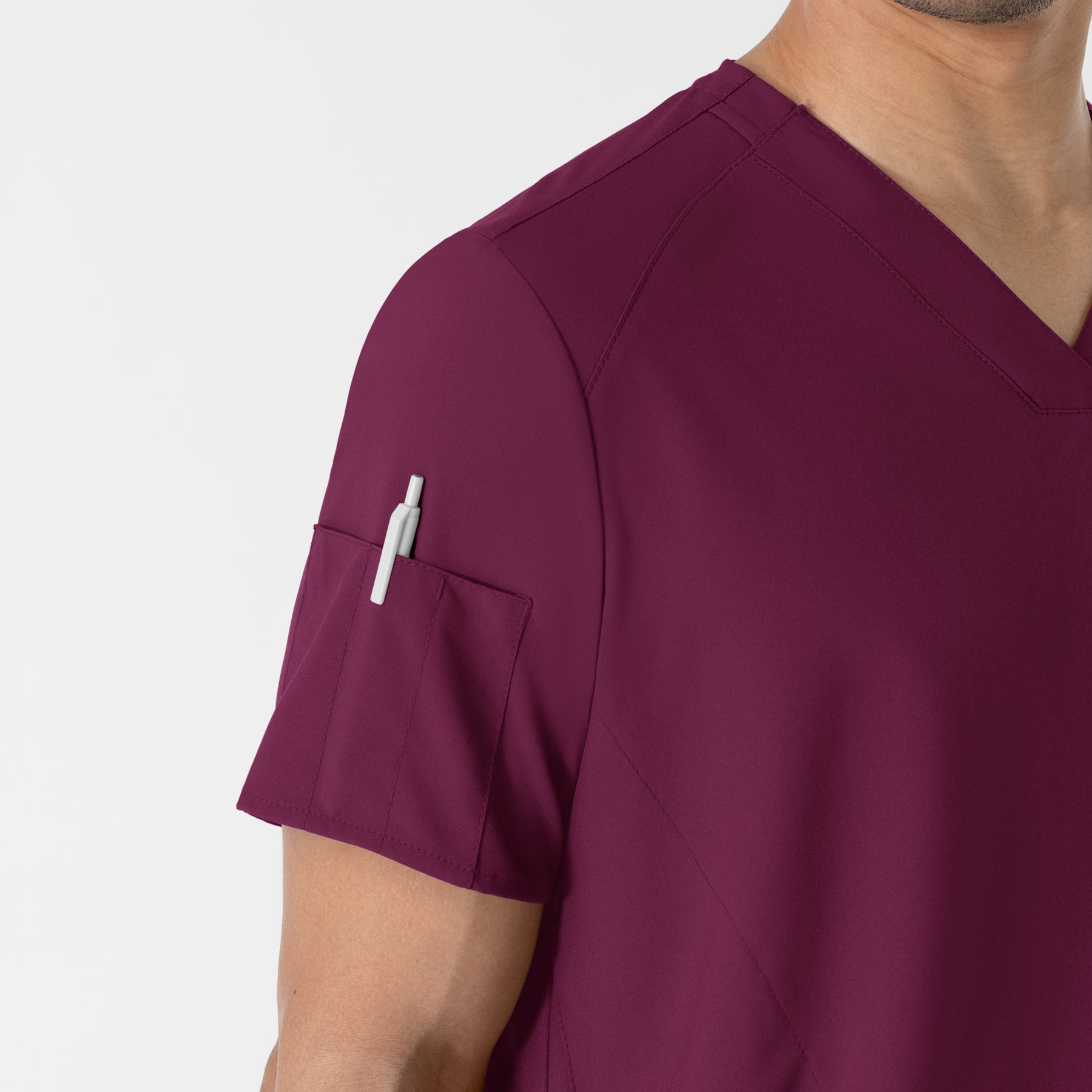 W123 Men's V-Neck Scrub Top Wine hemline detail