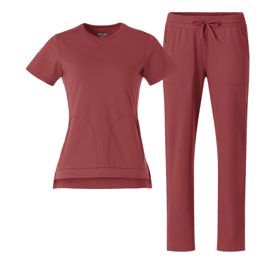 RENEW Knit Crew Neck and Wide Leg Scrub Set - Ruby