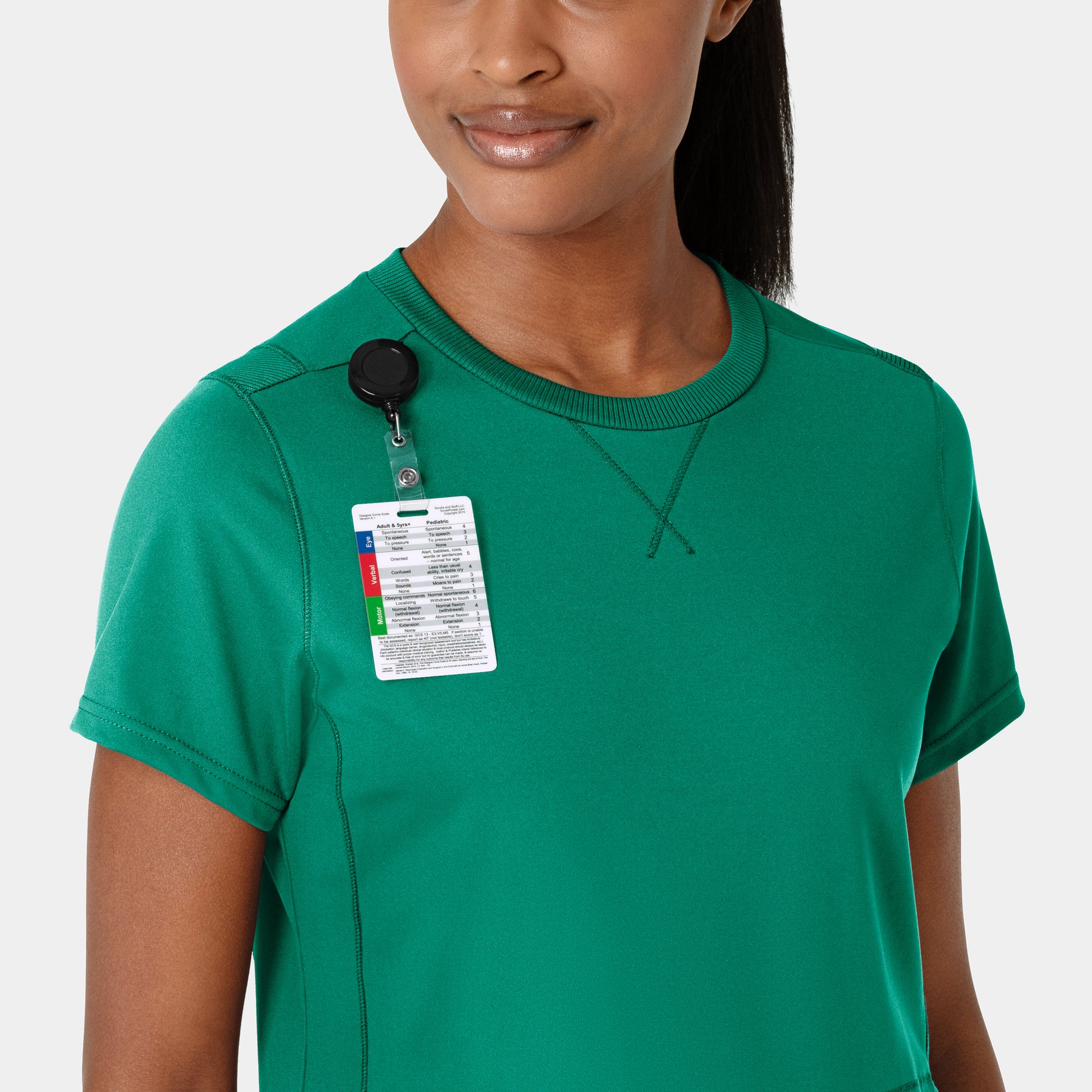 RENEW Knit Women's Flex-n-Reach Crew Neck Scrub Top Bahama Breeze front detail