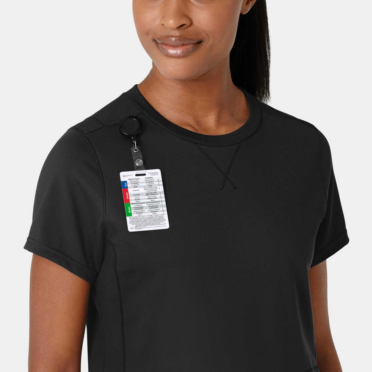 RENEW Knit Women's Flex-n-Reach Crew Neck Scrub Top Black front detail