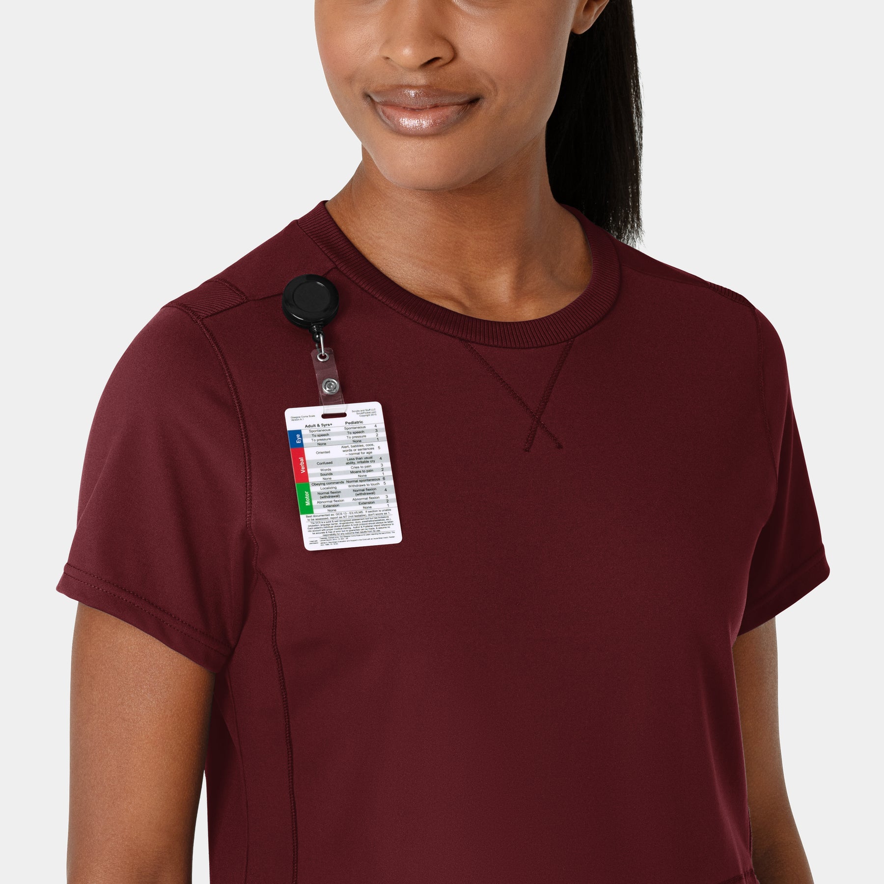 RENEW Knit Women's Knit Flex-n-Reach Crew Neck Scrub Top Burgundy front detail