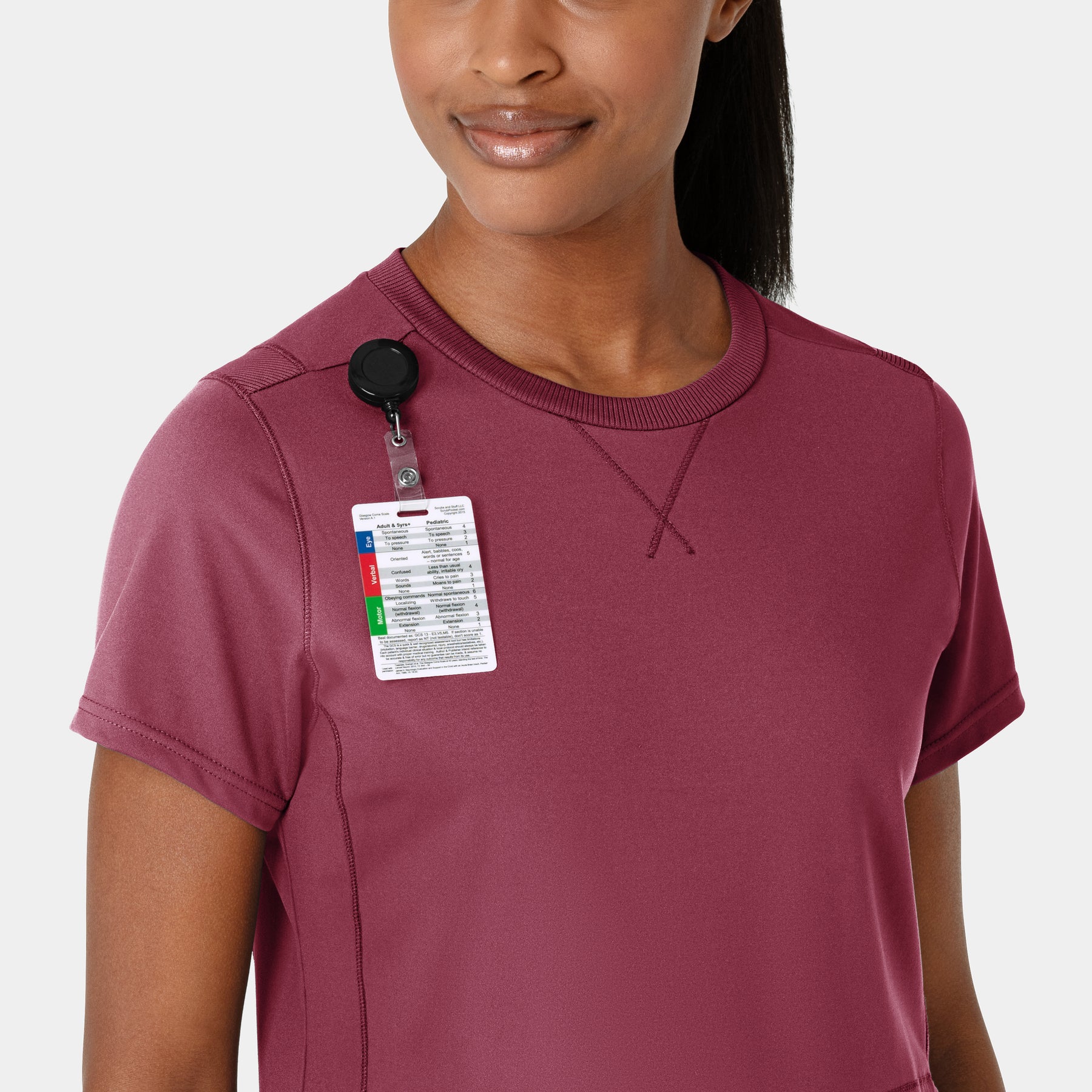 RENEW Knit Women's Flex-n-Reach Crew Neck Scrub Top Carnation front detail
