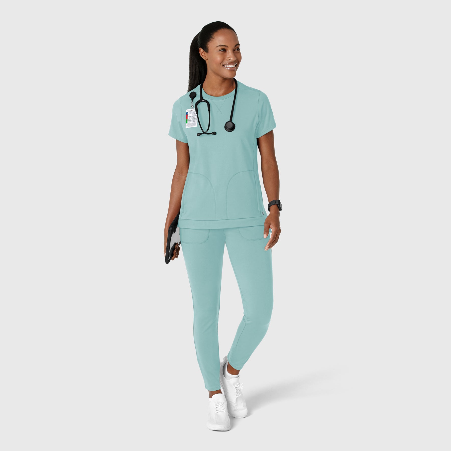 RENEW Knit Women's Flex-n-Reach Crew Neck Scrub Top Coastal Blue full scrub set
