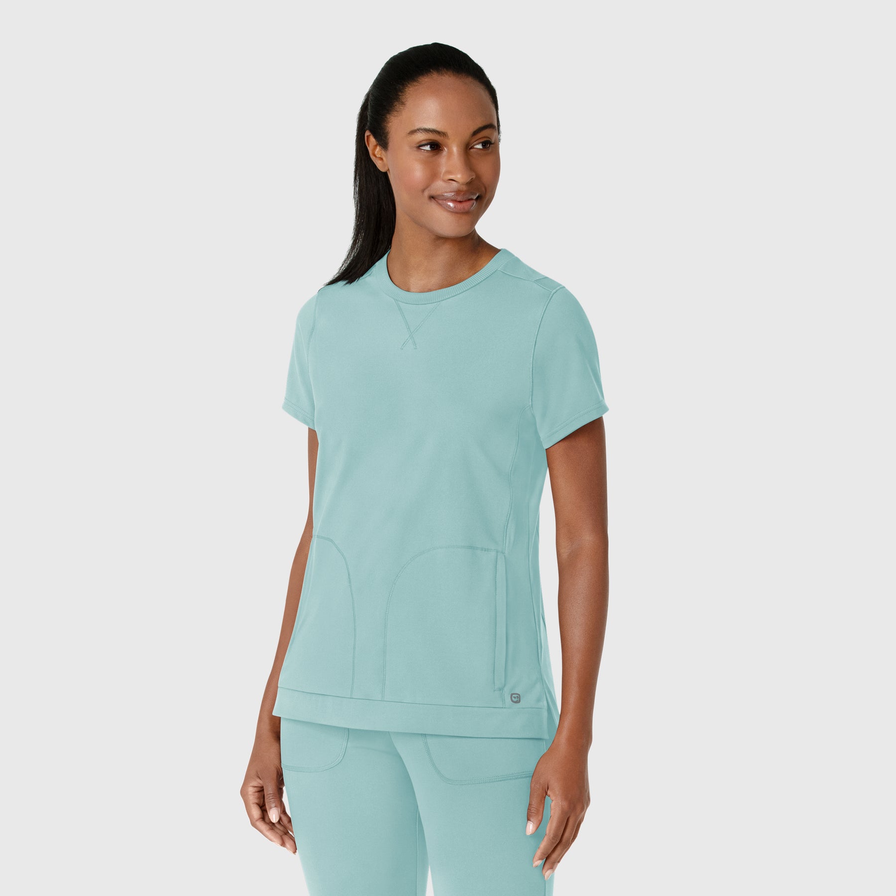 RENEW Knit Women's Flex-n-Reach Crew Neck Scrub Top Coastal Blue side view