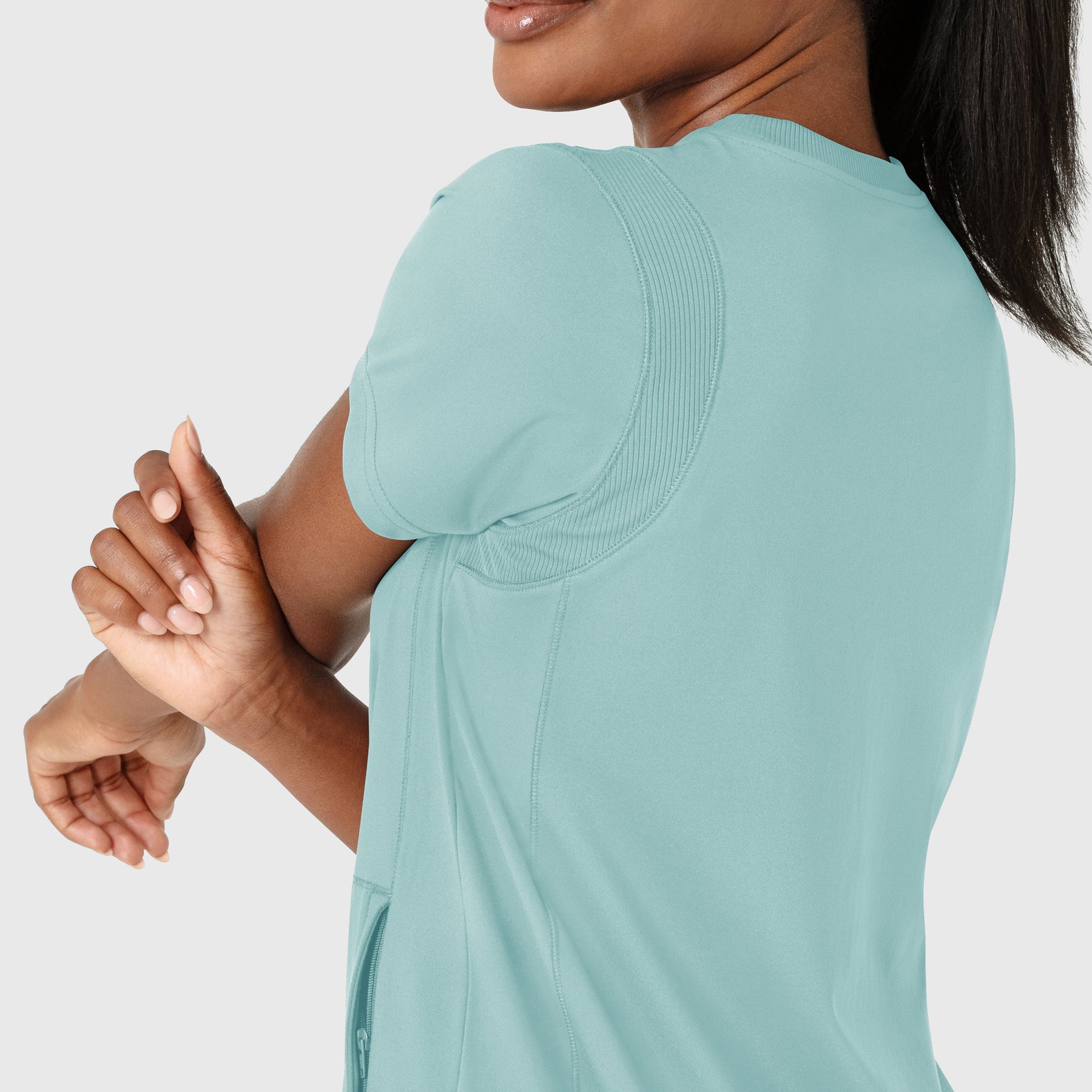 RENEW Knit Women's Flex-n-Reach Crew Neck Scrub Top Coastal Blue side detail 2