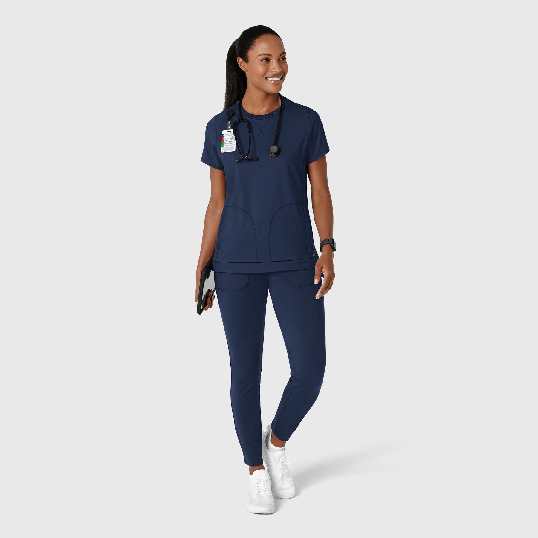 RENEW Knit Women's Flex-n-Reach Crew Neck Scrub Top Navy full scrub set