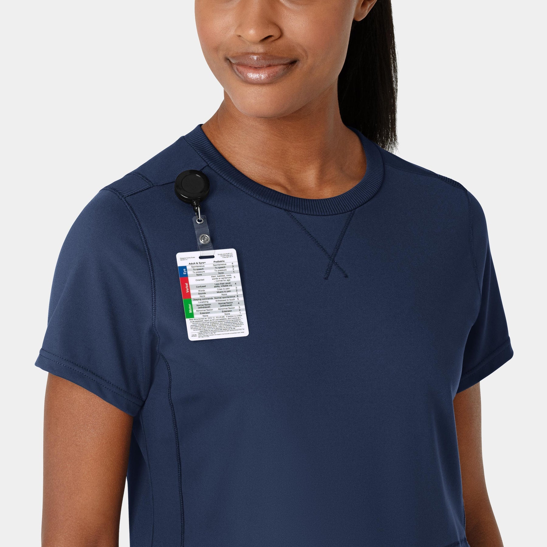 RENEW Knit Women's Flex-n-Reach Crew Neck Scrub Top Navy front detail