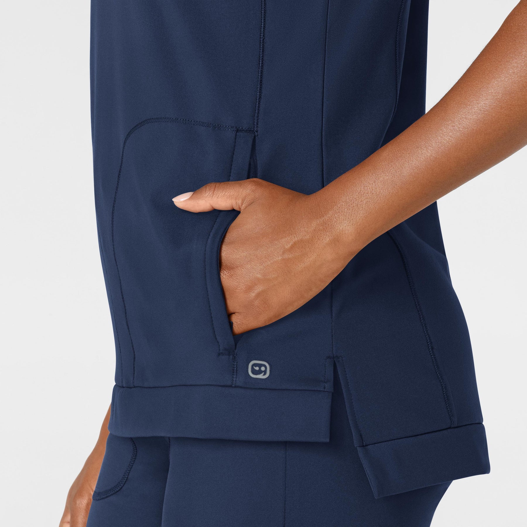 RENEW Knit Women's Flex-n-Reach Crew Neck Scrub Top Navy side detail 1