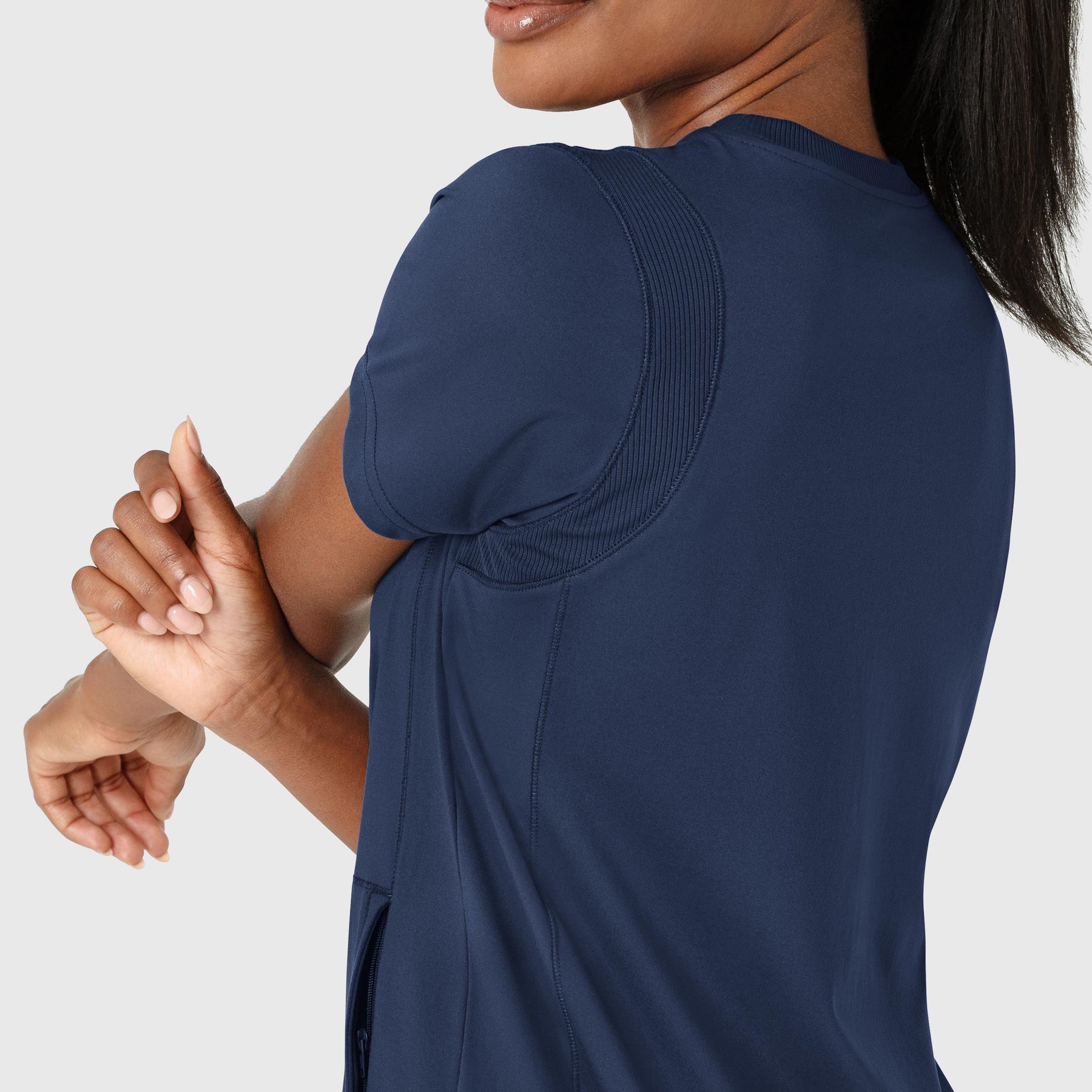 RENEW Knit Women's Flex-n-Reach Crew Neck Scrub Top Navy side detail 2