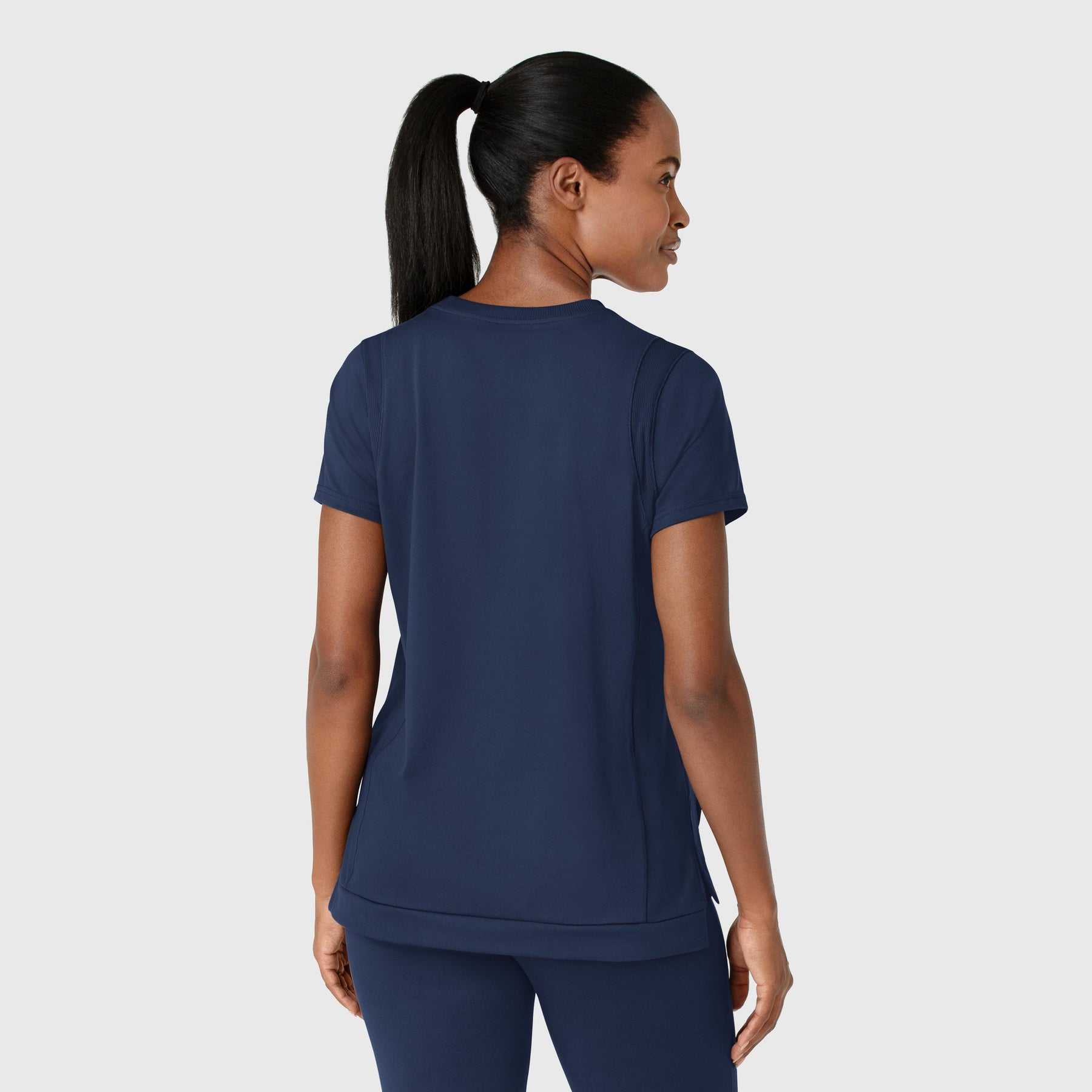 RENEW Knit Women's Flex-n-Reach Crew Neck Scrub Top Navy back view