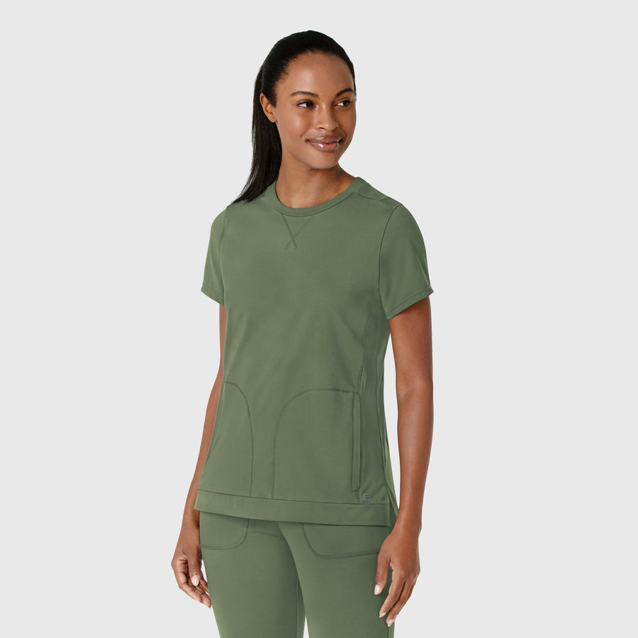 RENEW Knit Women's Flex-n-Reach Crew Neck Scrub Top Olive side view