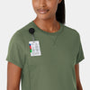 RENEW Knit Women's Flex-n-Reach Crew Neck Scrub Top Olive front detail