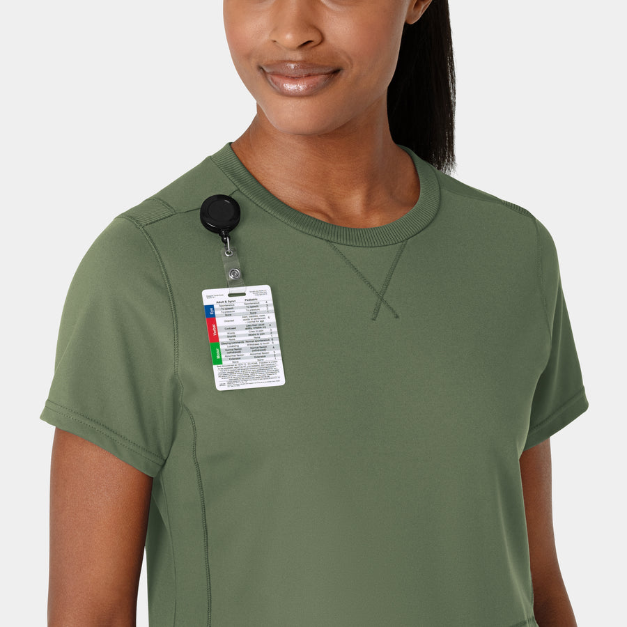 RENEW Knit Women's Flex-n-Reach Crew Neck Scrub Top Olive front detail