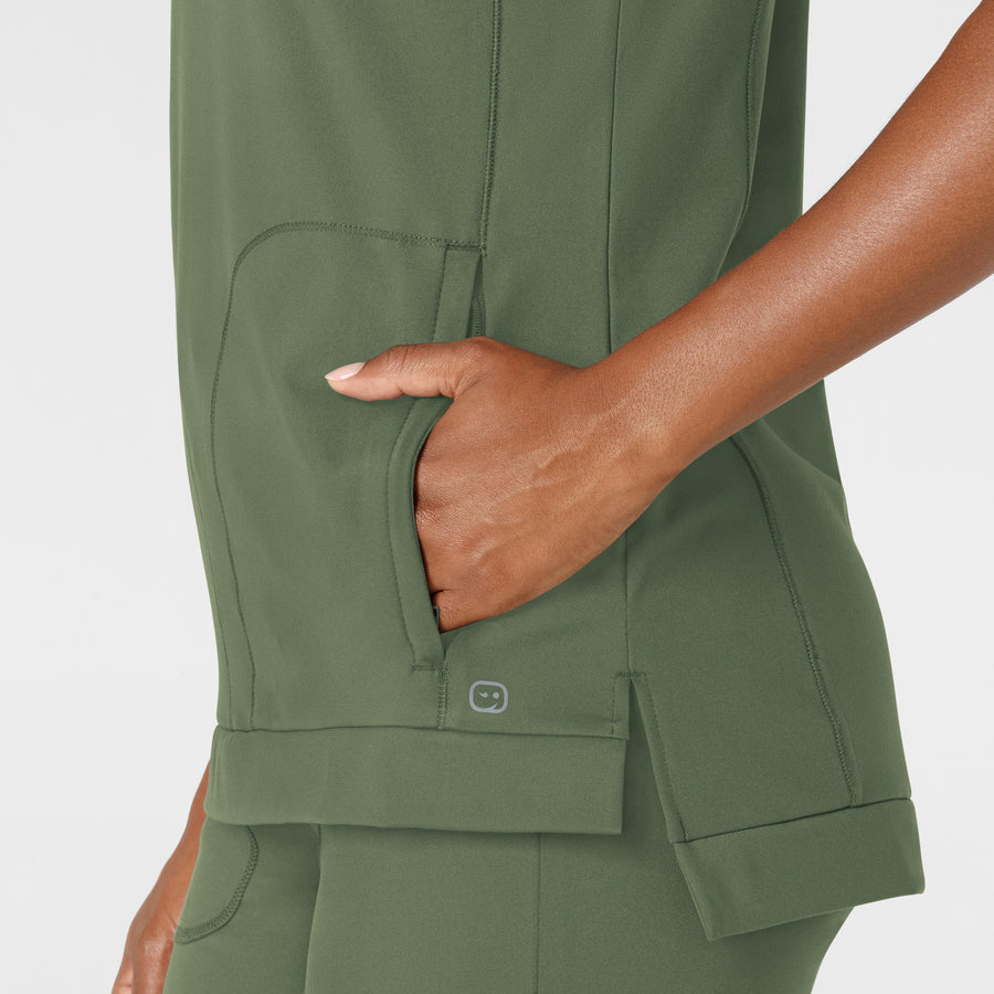 RENEW Knit Women's Flex-n-Reach Crew Neck Scrub Top Olive side detail 1