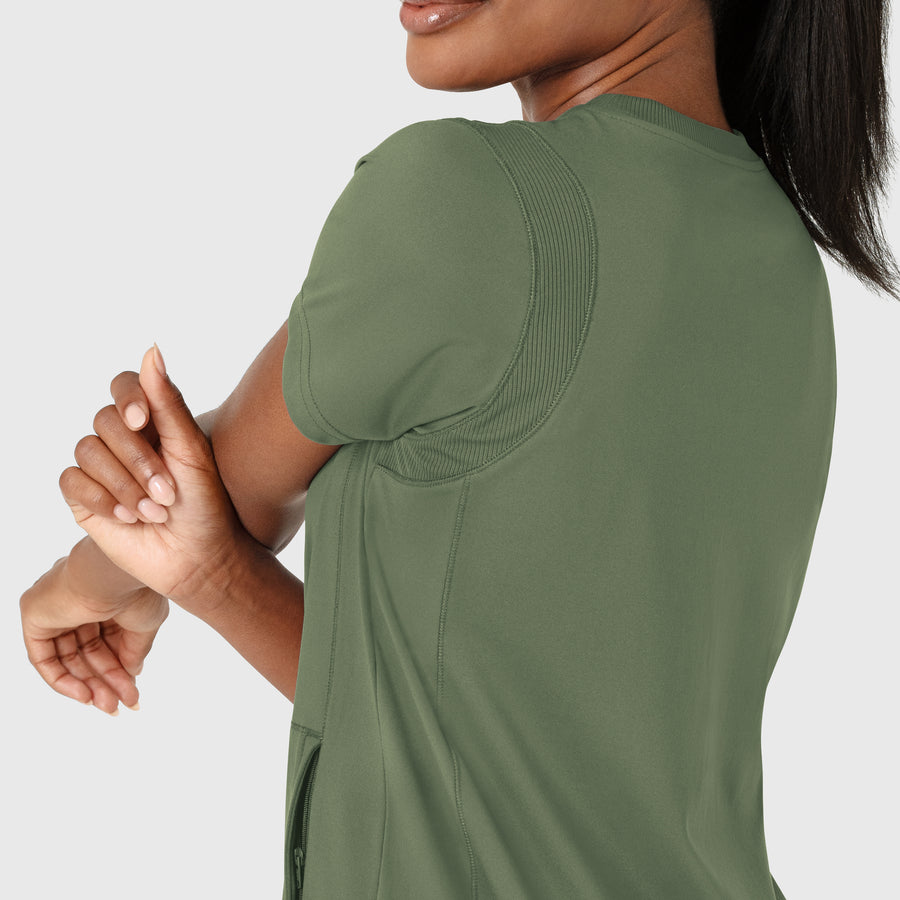 RENEW Knit Women's Flex-n-Reach Crew Neck Scrub Top Olive side detail 2