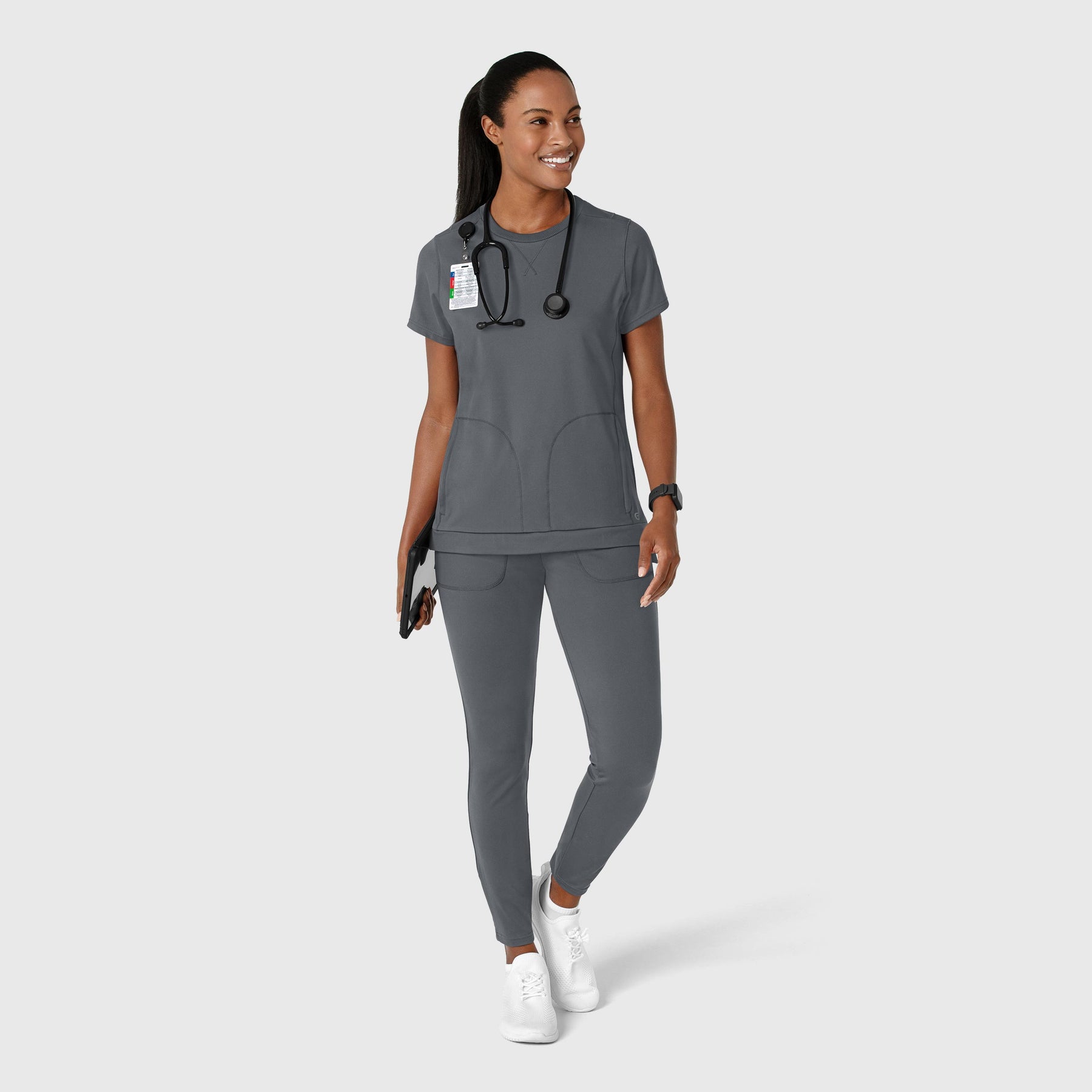 RENEW Knit Women's Flex-n-Reach Crew Neck Scrub Top Pewter full scrub set