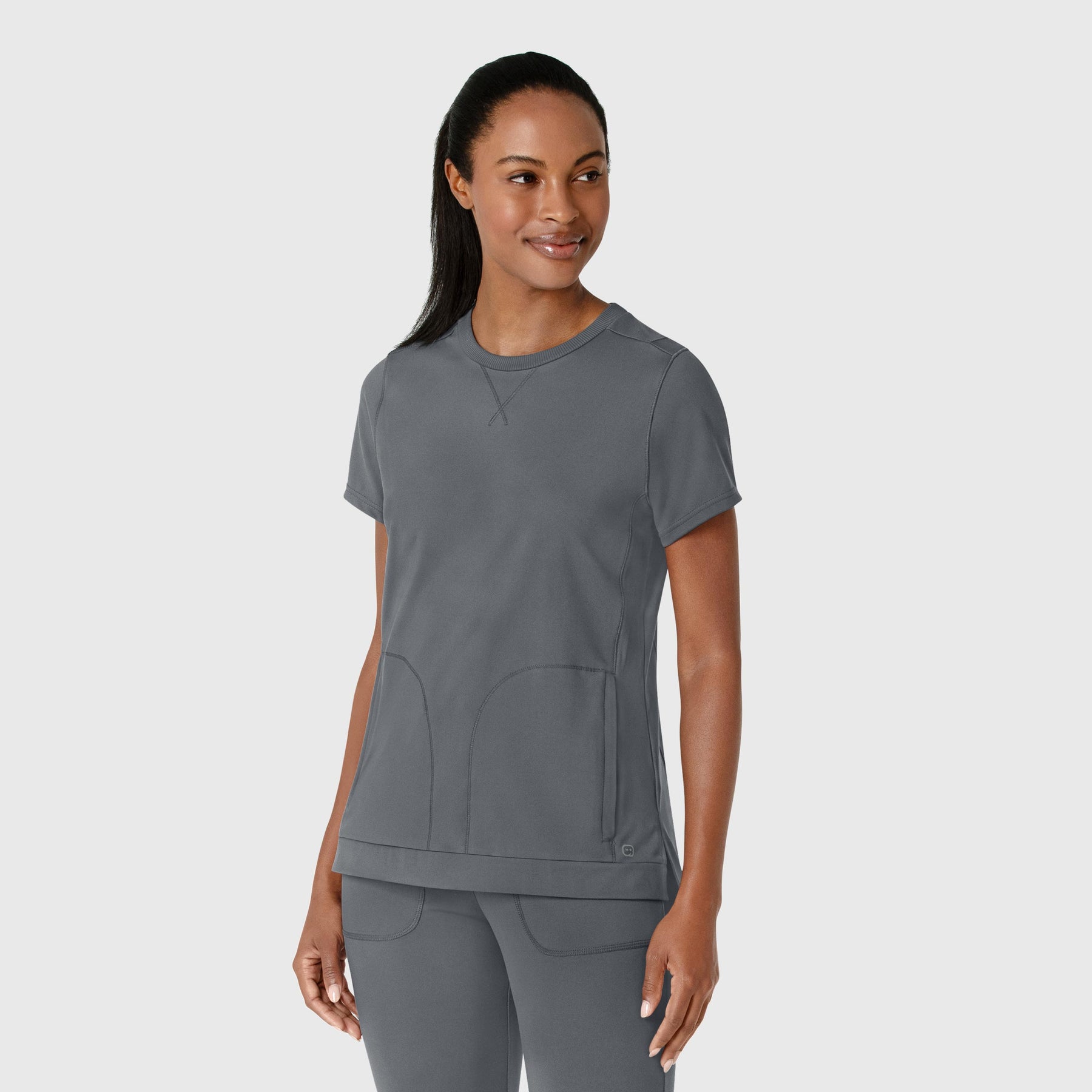 RENEW Knit Women's Flex-n-Reach Crew Neck Scrub Top Pewter side view