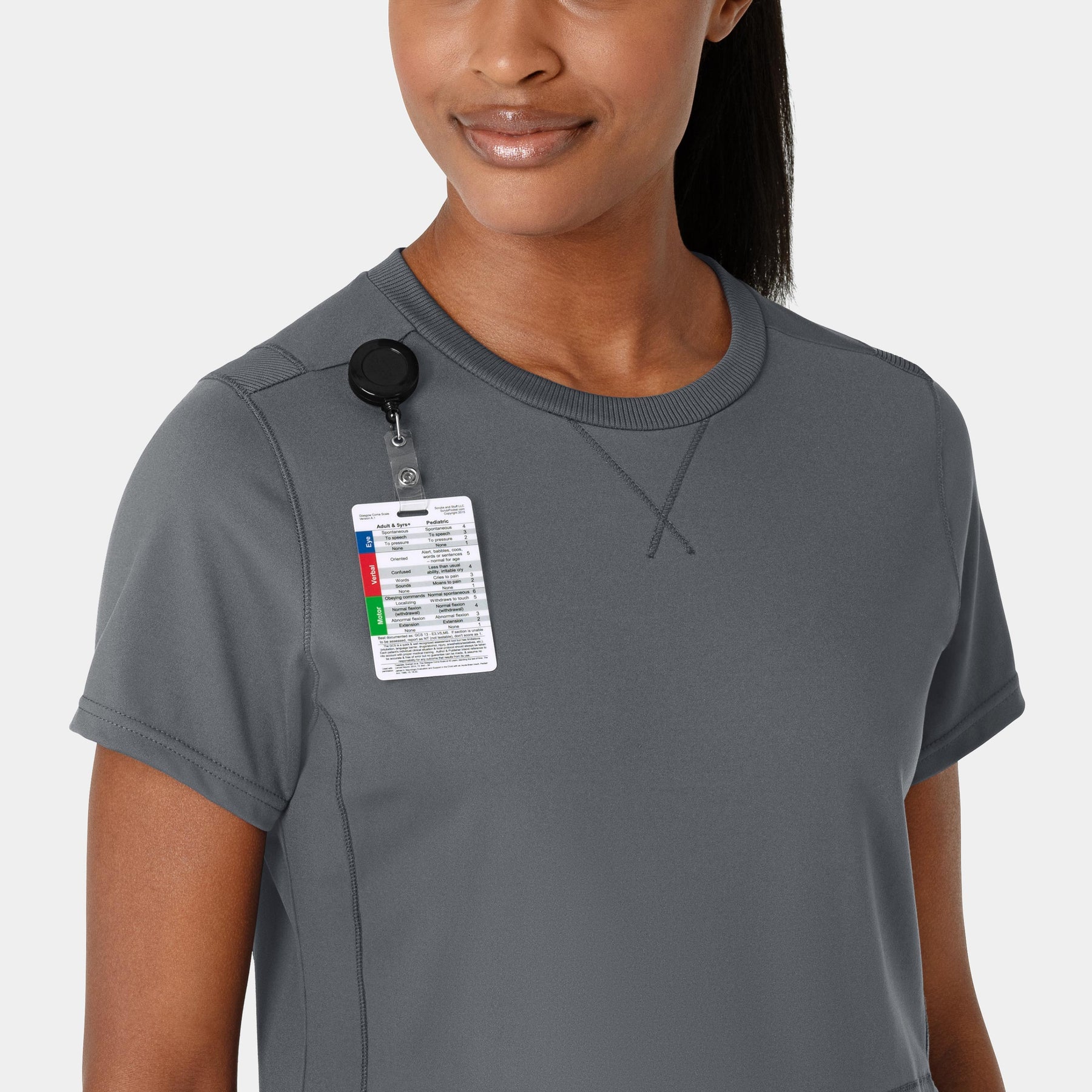 RENEW Knit Women's Flex-n-Reach Crew Neck Scrub Top Pewter front detail