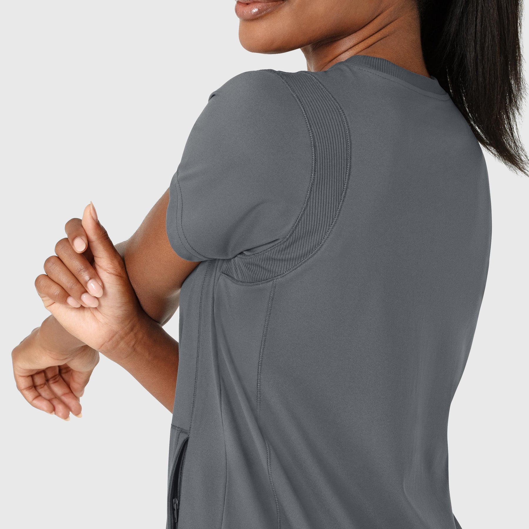 RENEW Knit Women's Flex-n-Reach Crew Neck Scrub Top Pewter side detail 2