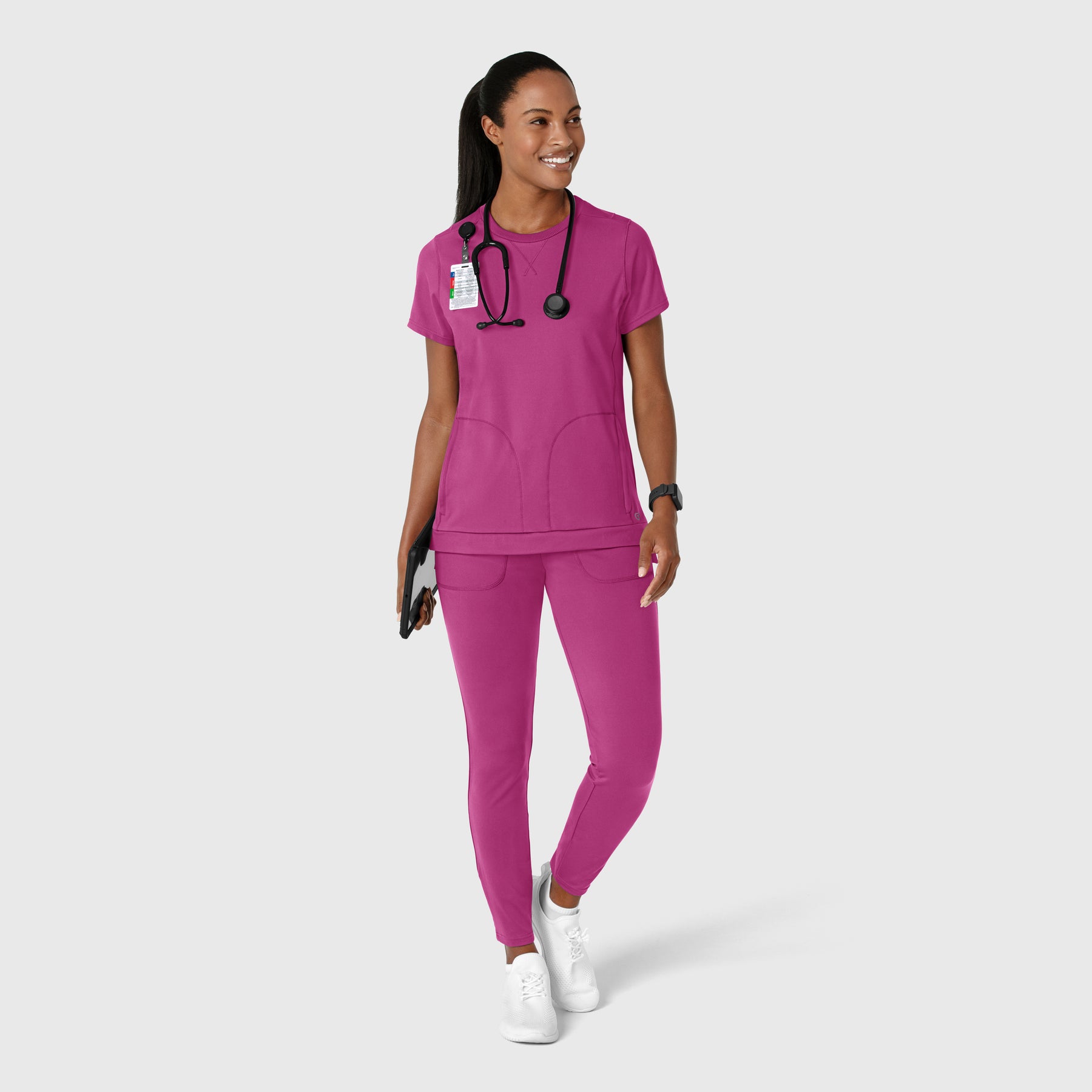 RENEW Knit Women's Flex-n-Reach Crew Neck Scrub Top Raspberry full scrub set