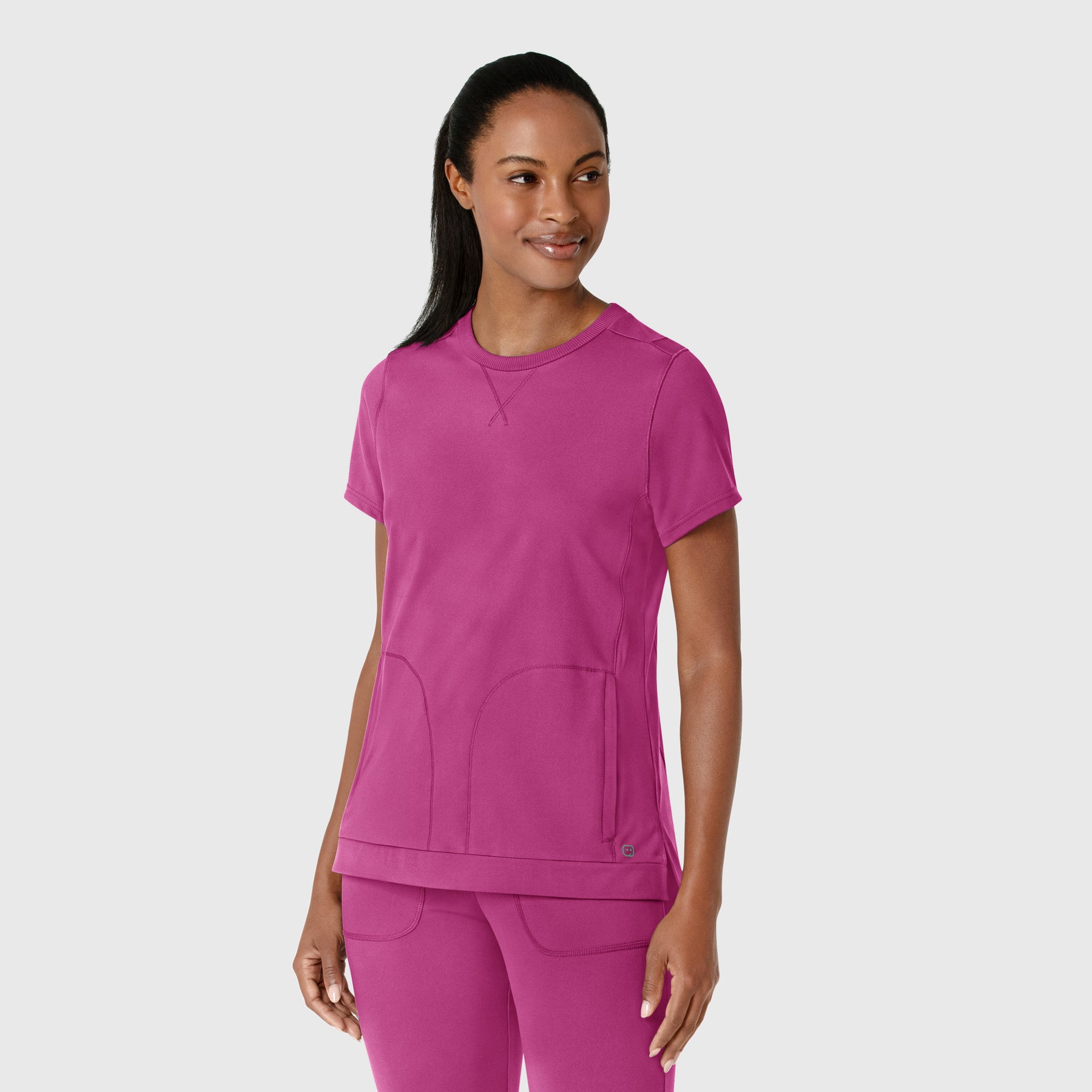 RENEW Knit Women's Flex-n-Reach Crew Neck Scrub Top Raspberry side view
