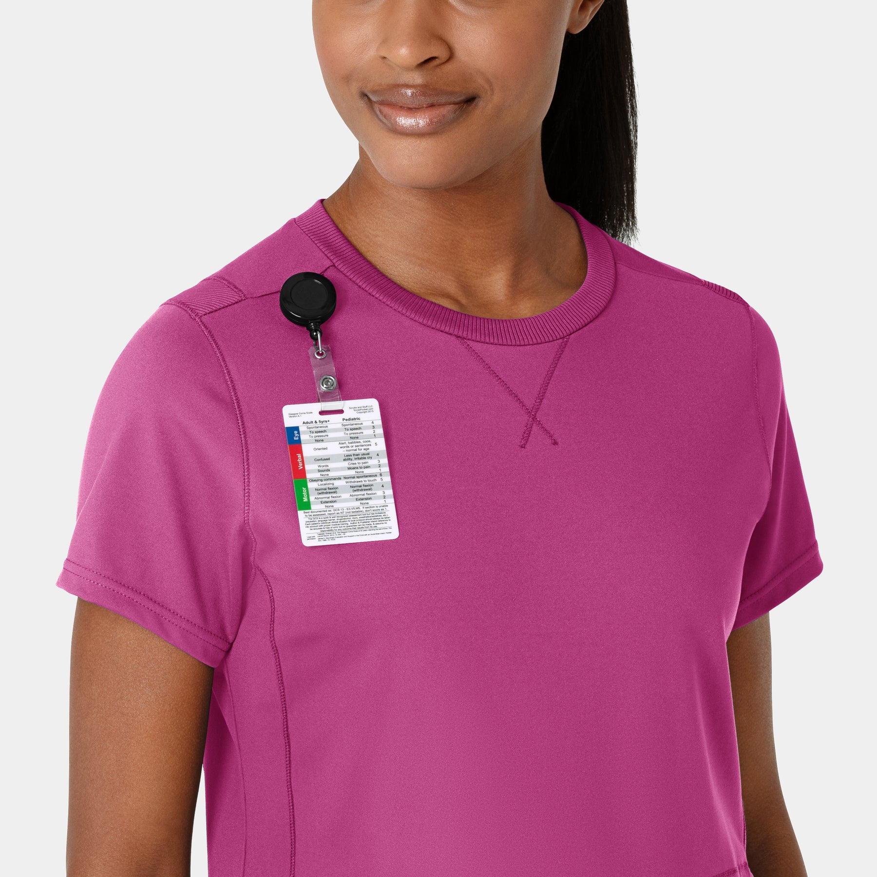 RENEW Knit Women's Flex-n-Reach Crew Neck Scrub Top Raspberry front detail