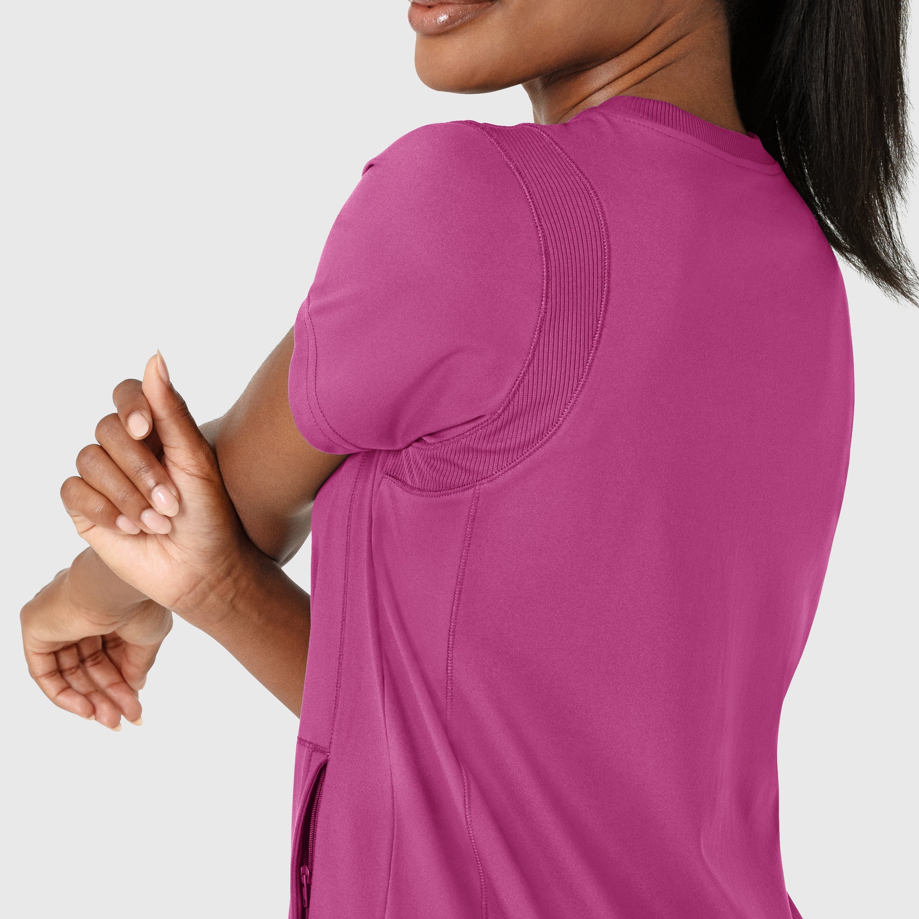RENEW Knit Women's Flex-n-Reach Crew Neck Scrub Top Raspberry side detail 2