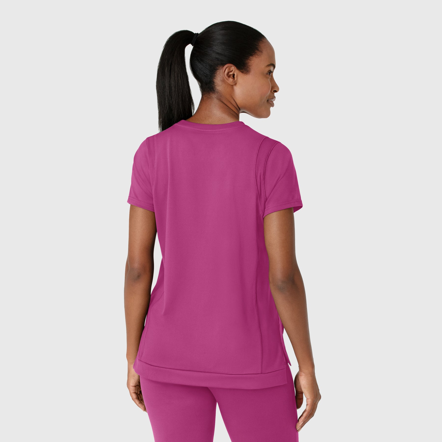 RENEW Knit Women's Flex-n-Reach Crew Neck Scrub Top Raspberry back view