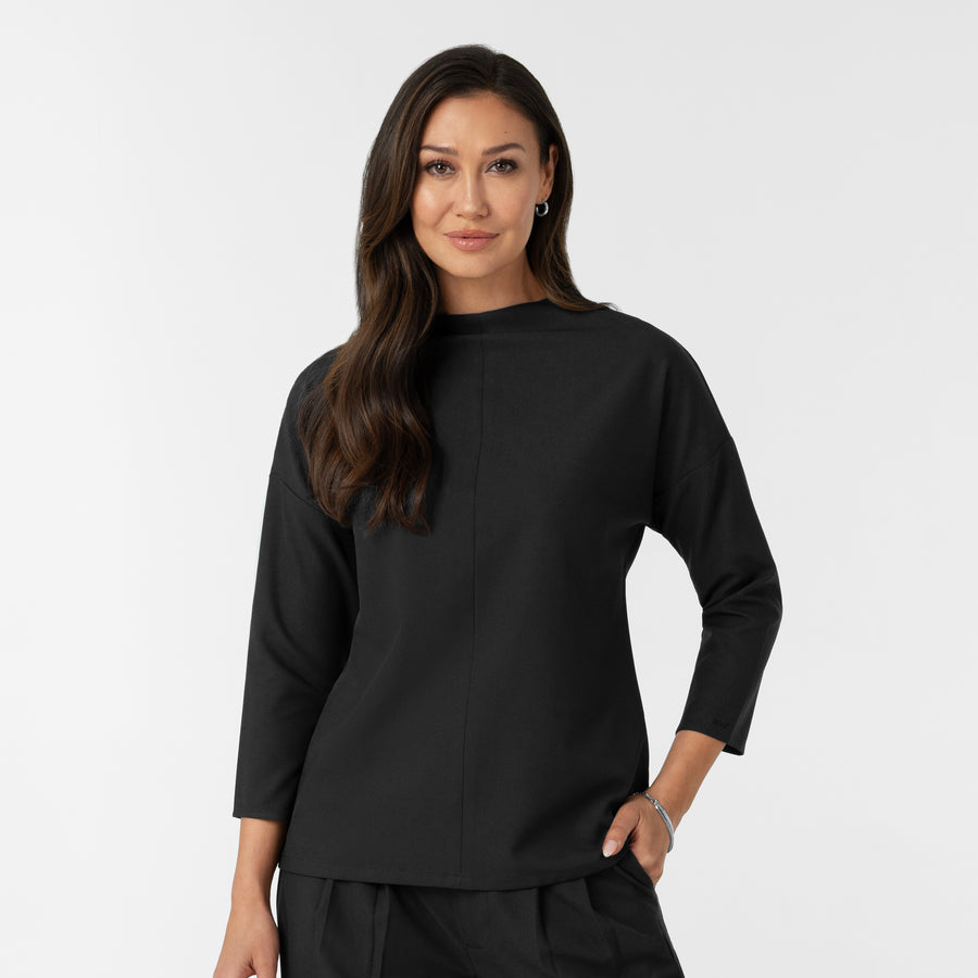 BLK Edit Women's Mock Neck 3/4 Sleeve Scrub Blouse - Black - esthetician scrubs