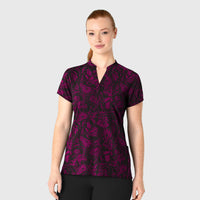 Fashion Prints Women's Mandarin Collar Print Scrub Top - Sky Flutter Wine