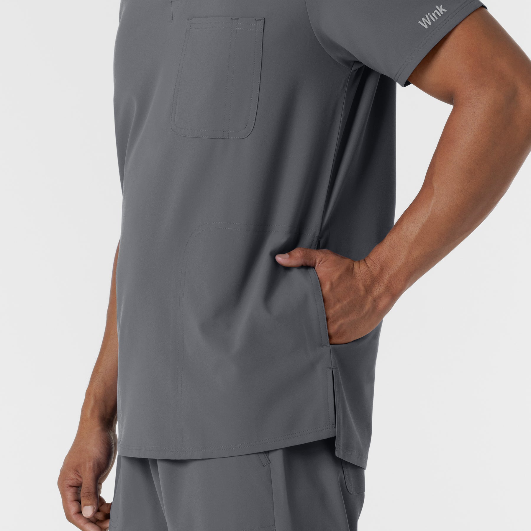 NURTUR Men's V-Neck Scrub Top Pewter hemline detail