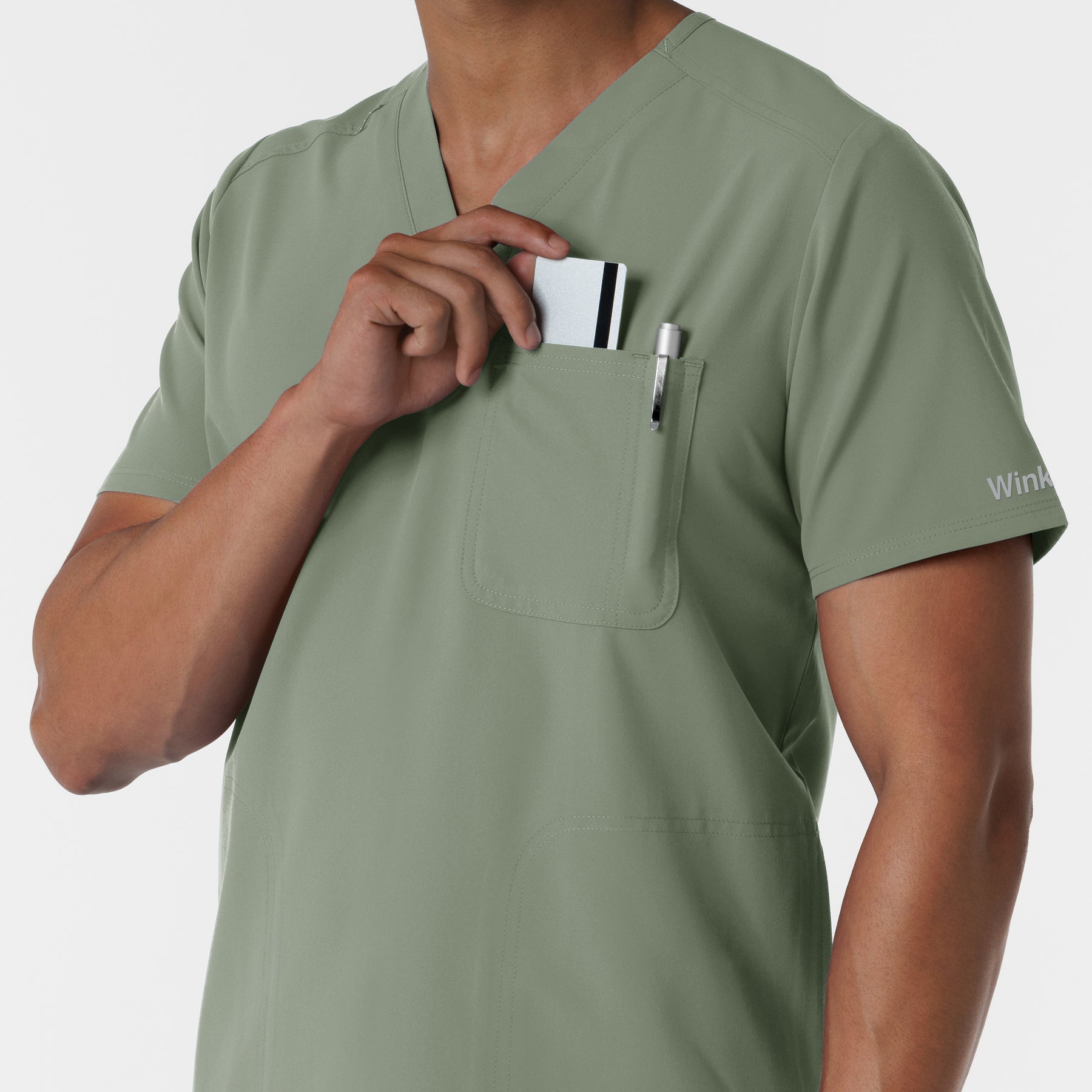 NURTUR Men's V-Neck Scrub Top Sage side detail 2