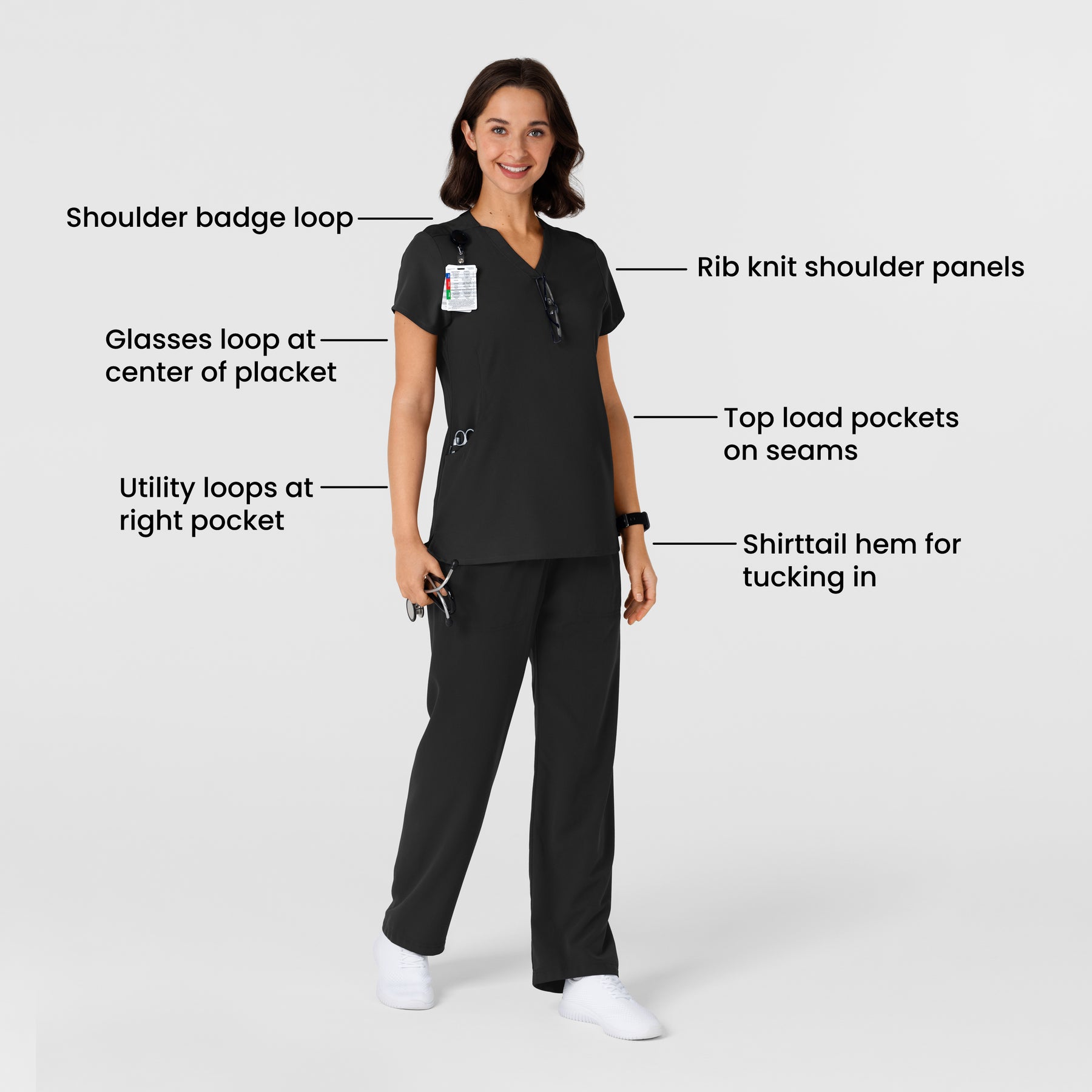 Nova Women's Flex-n-Reach Shoulder Panel V-Neck Scrub Top - Black detail iamge
