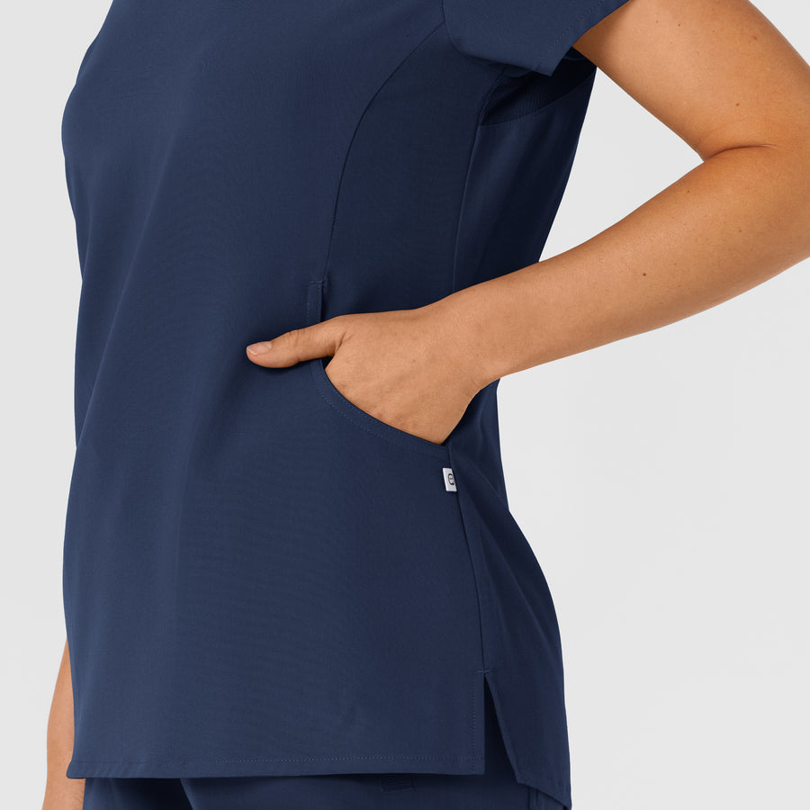 Nova Women's Flex-n-Reach Shoulder Panel V-Neck Scrub Top Navy hemline detail