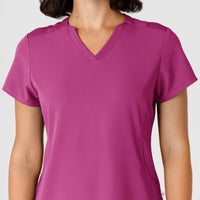 Nova Women's Flex-n-Reach Shoulder Panel V-Neck Scrub Top Raspberry front detail