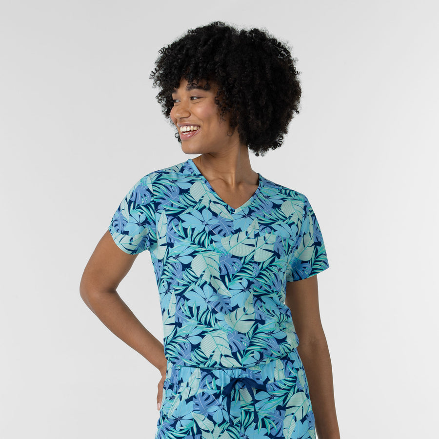 Women 1-Pocket Tuck-in Print Scrub Top - Breezy Palms