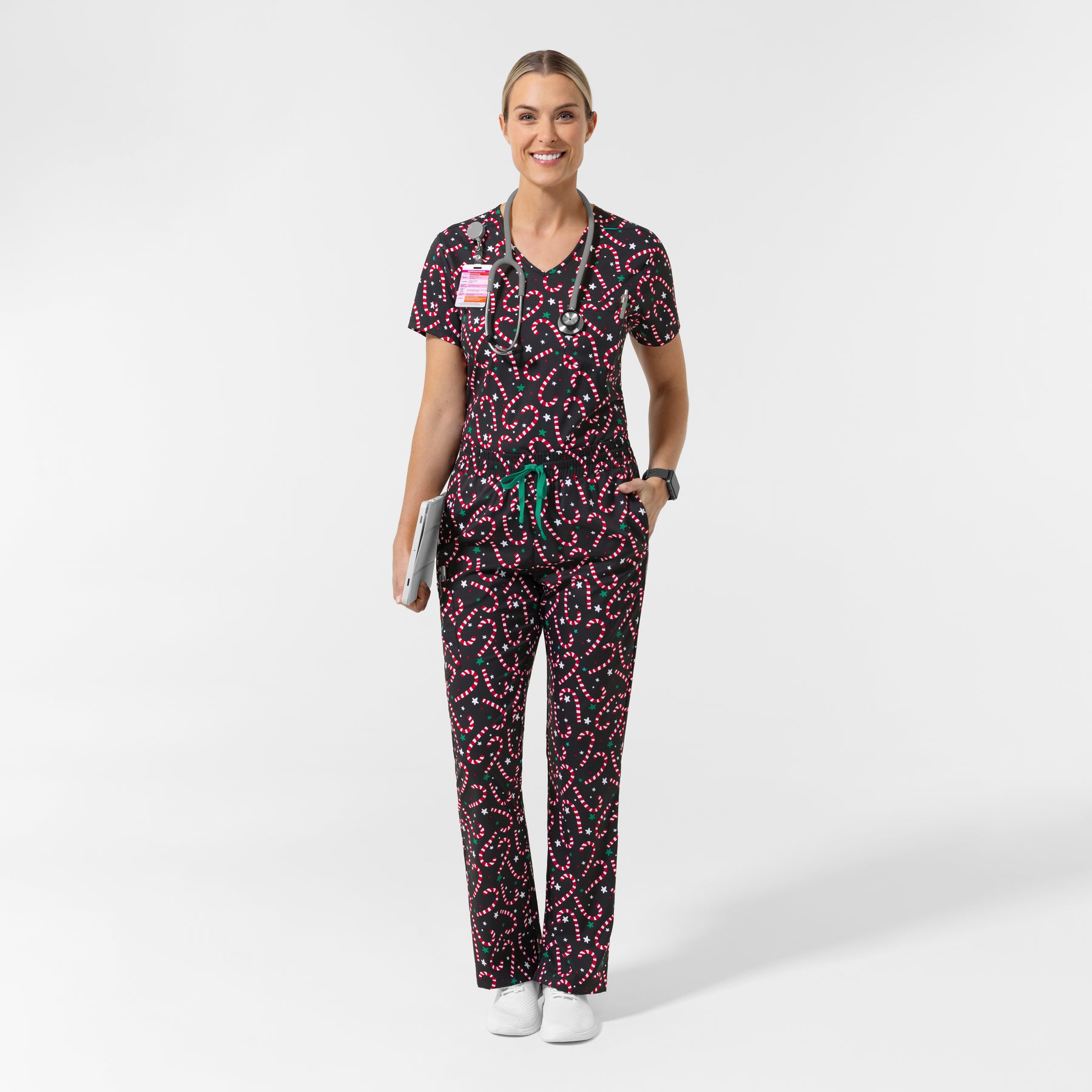 Women's 1-Pocket Tuck-in Print Scrub Top - Christmas Scrubs scrub set full