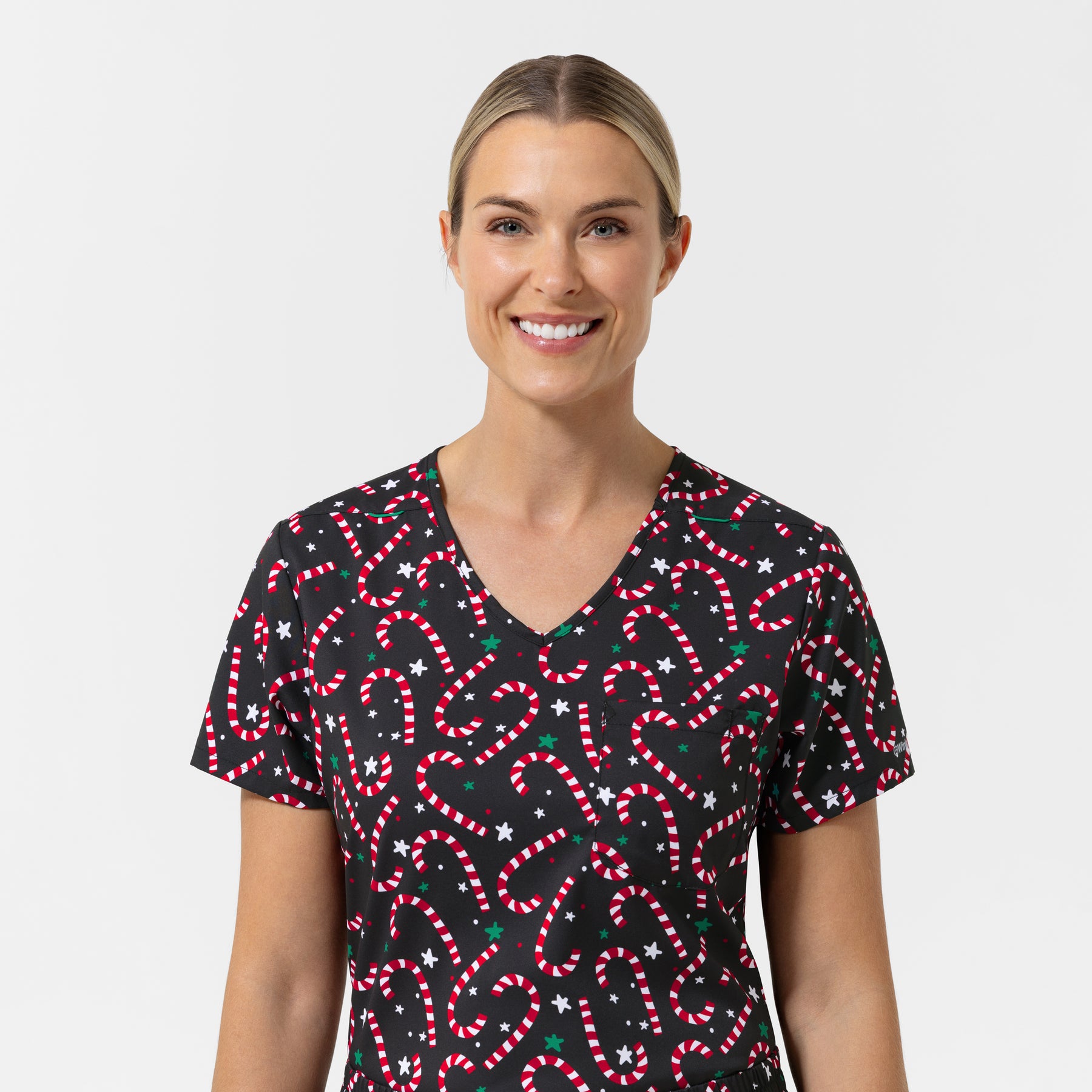 Women's 1-Pocket Tuck-in Print Scrub Top - Christmas Scrubs neckline